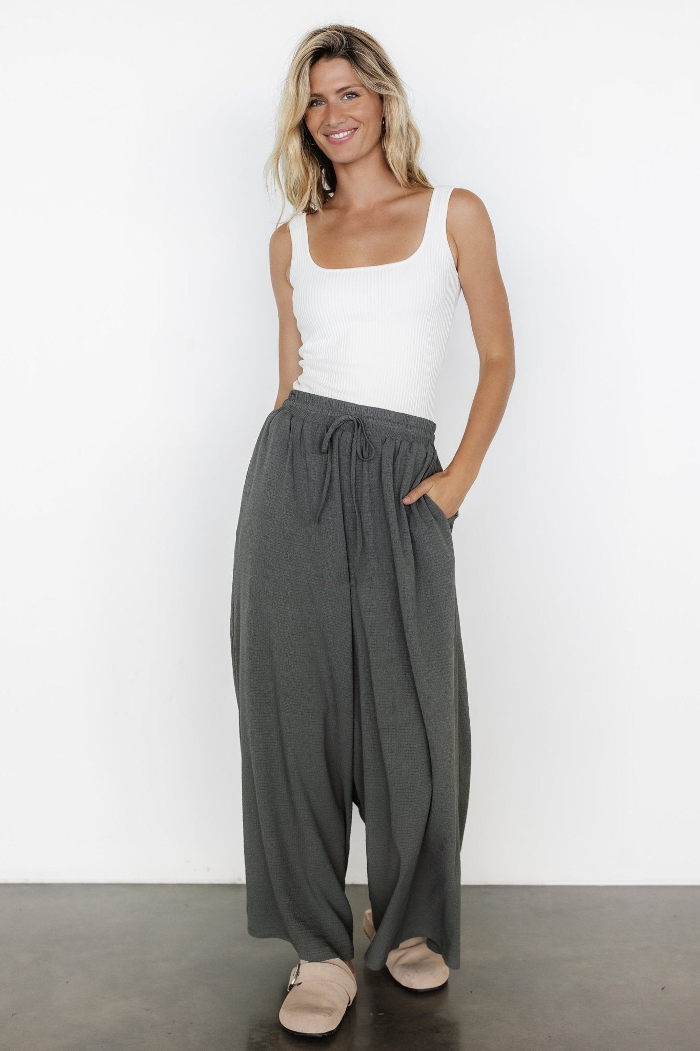 Olive Green Wide Leg Textured Pants for Travel & Work