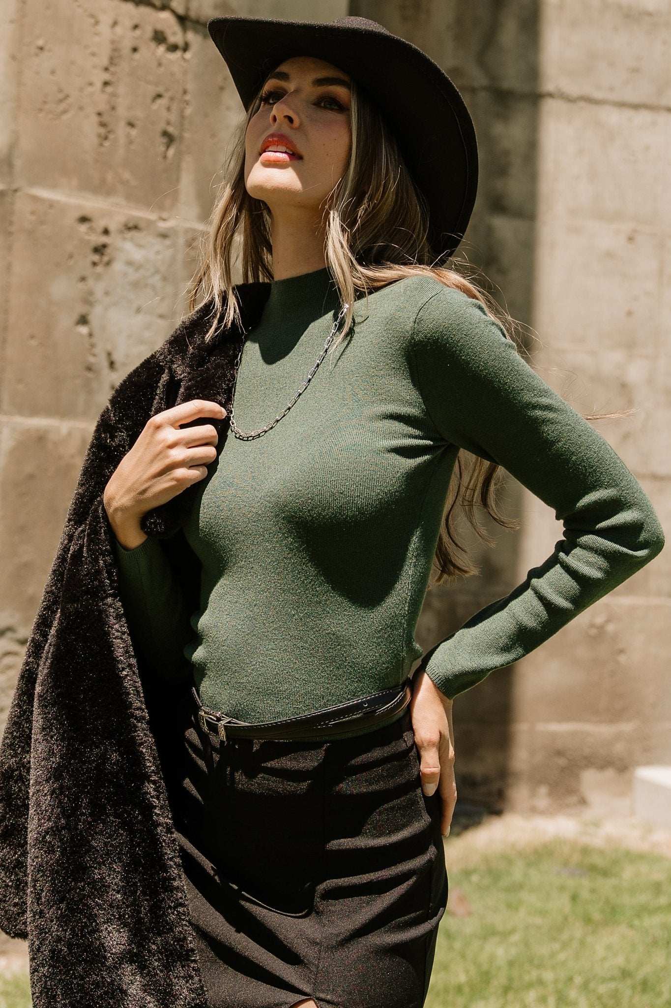 Frances Mock Turtleneck Knit Top - Soft Stretch Green Viscose Blend