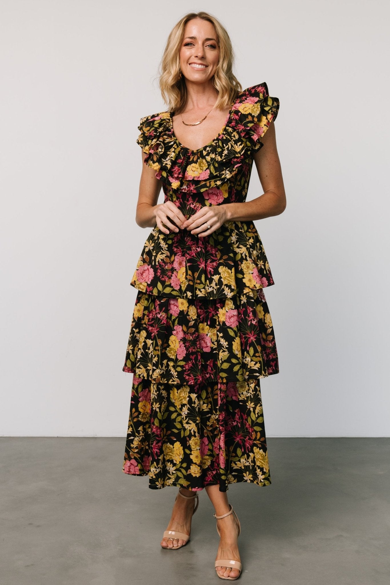 Francesca Black Floral Cotton Tiered Maxi Dress for Summer