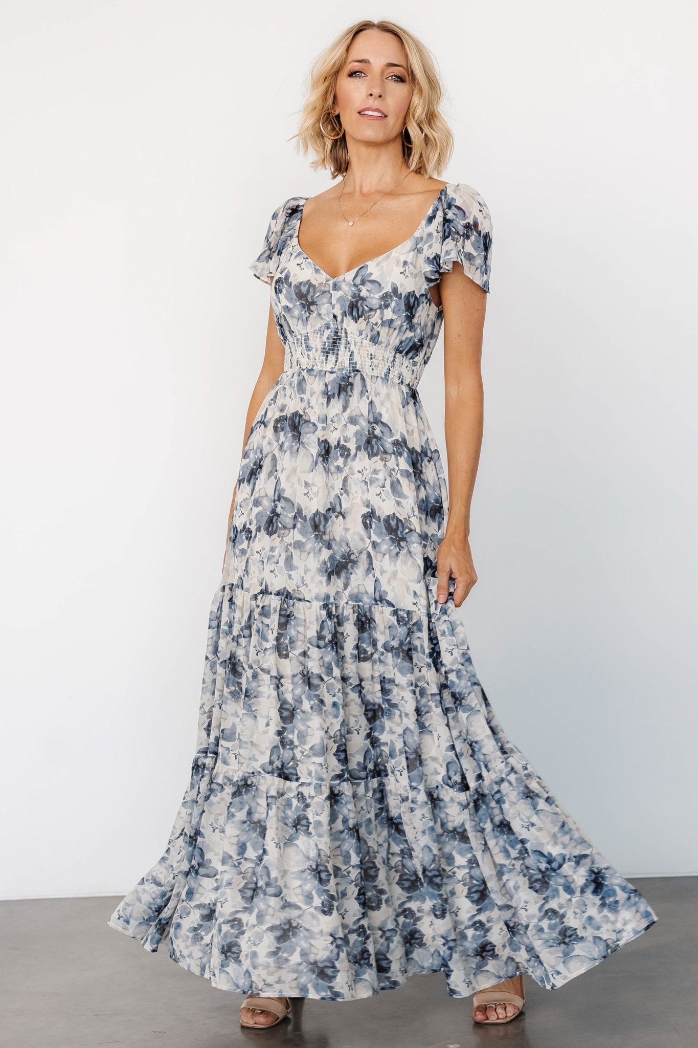 Baltic Born Floral Maxi Dress in Cream & Blue – V-Neck Tiered Skirt