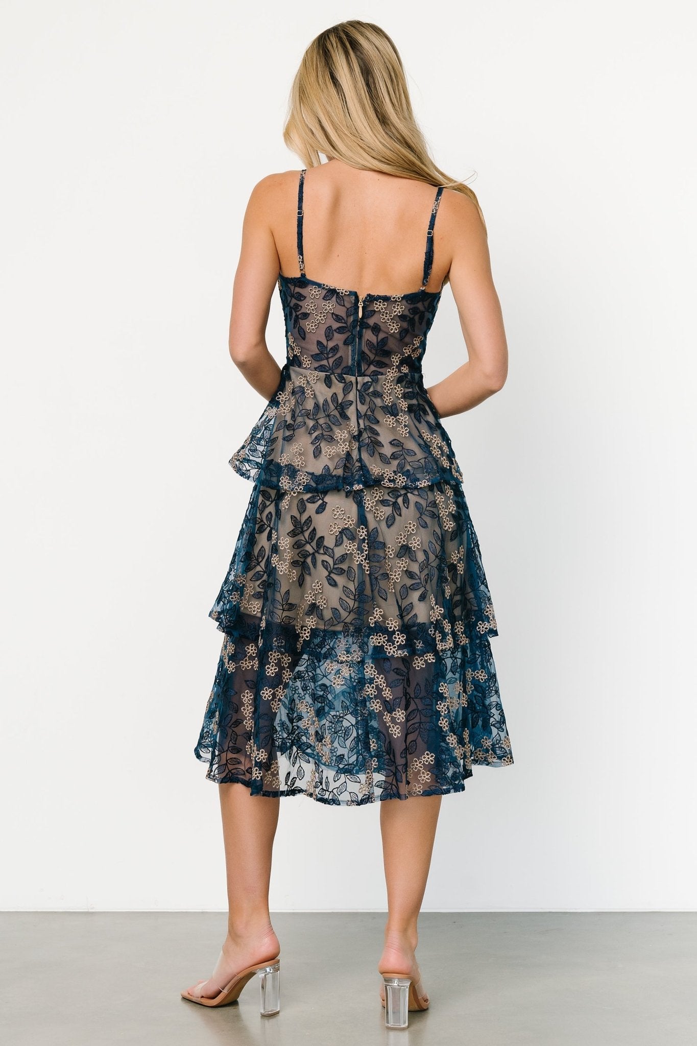 Georgiana Embroidered Floral Midi Dress in Navy Blue | Baltic Born
