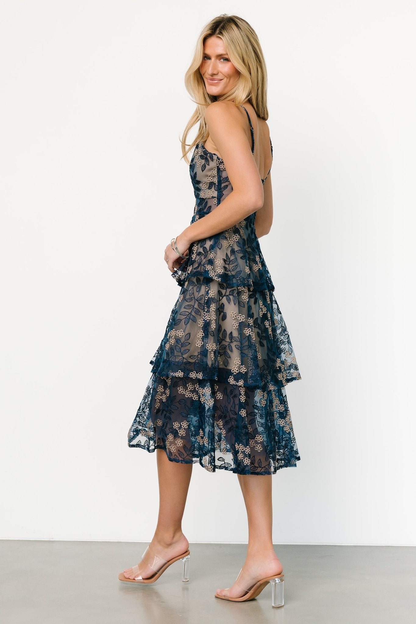 Georgiana Embroidered Floral Midi Dress in Navy Blue | Baltic Born