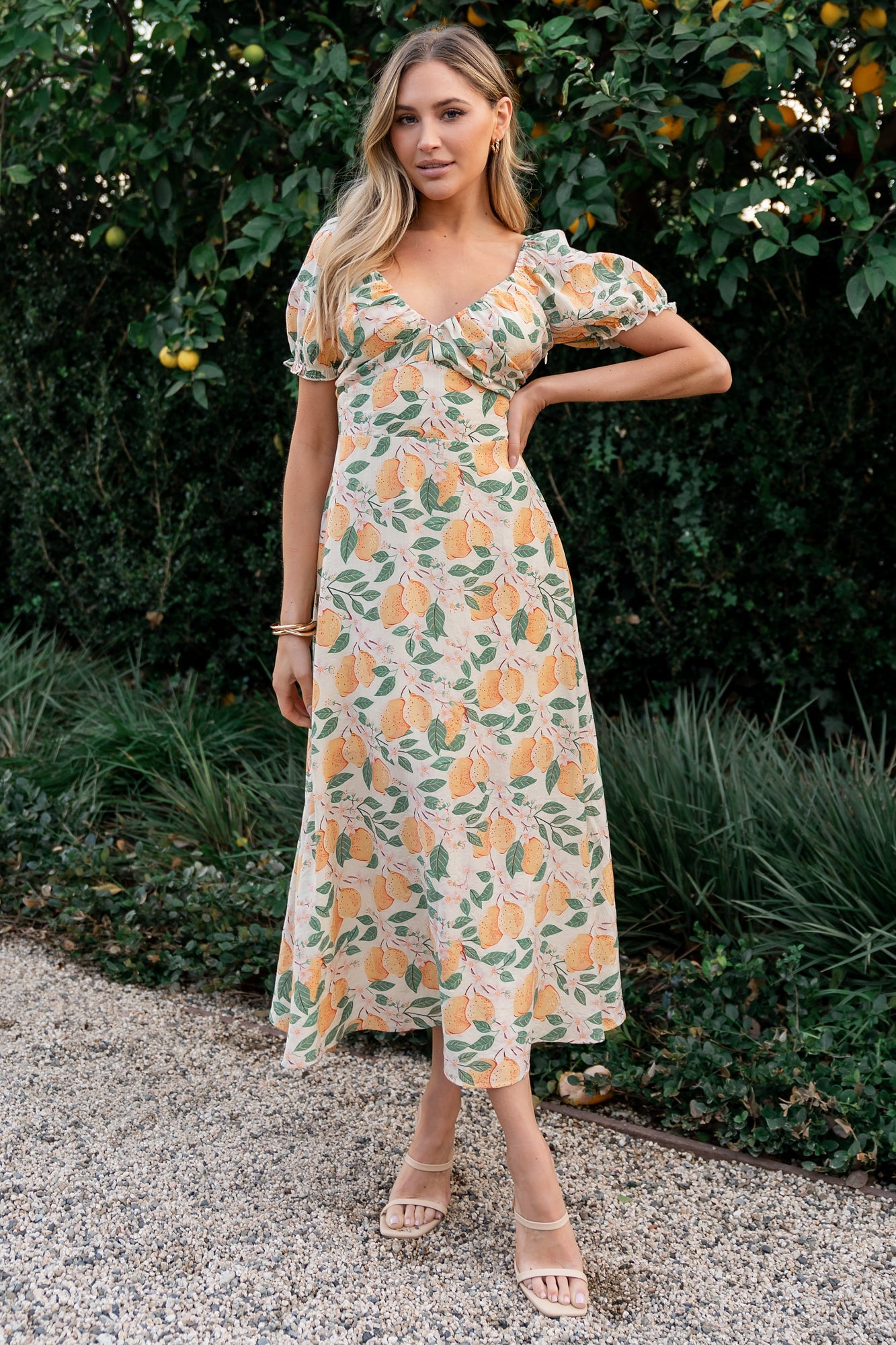 Lemon Print Amalfi Midi Dress with Smocked Back & Side Pockets