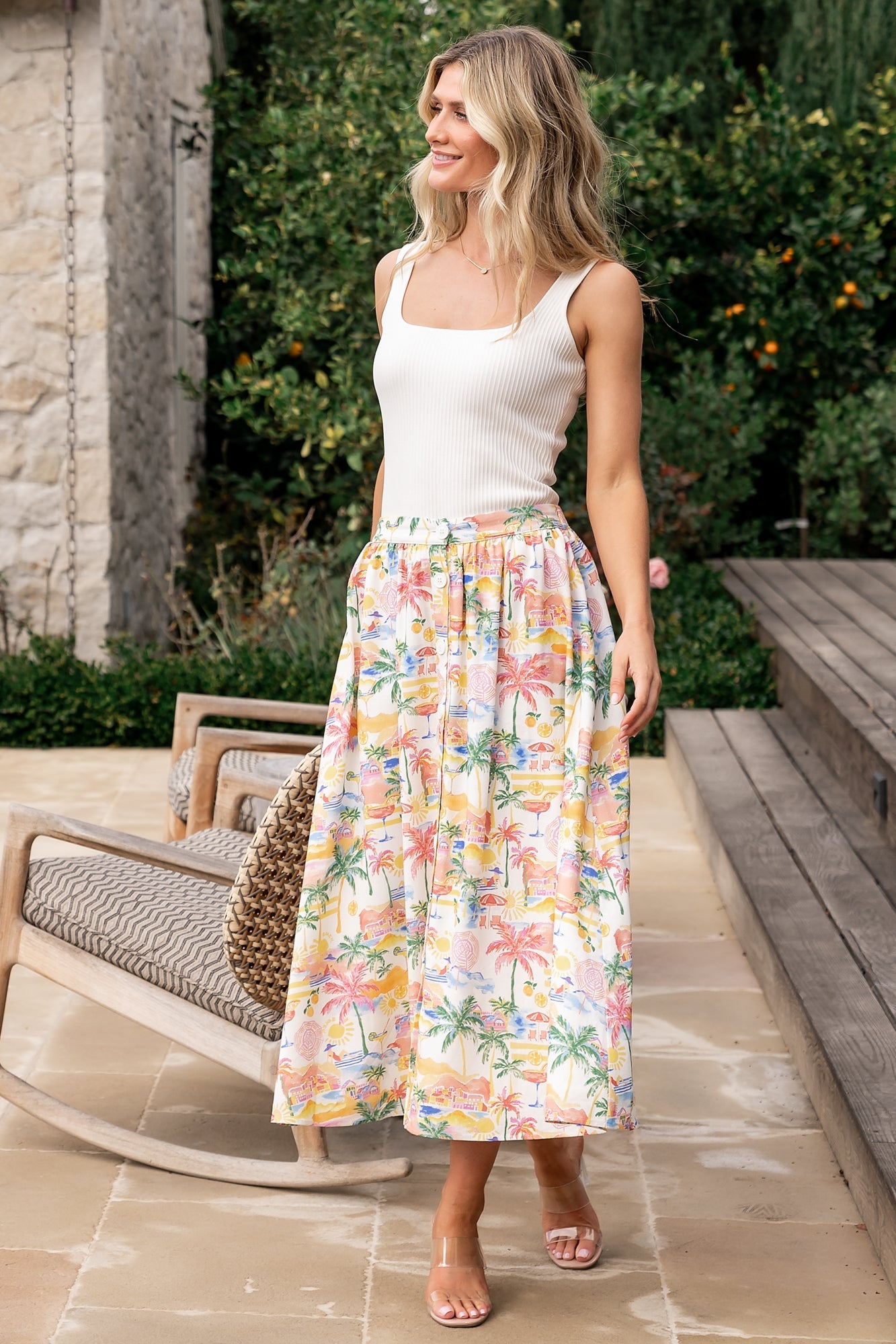 Baltic Born Gigi Button Midi Skirt in Off White & Multi Print