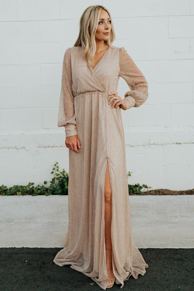 Champagne Sequin Wrap Gown for Women | Abigail Sparkle Dress
