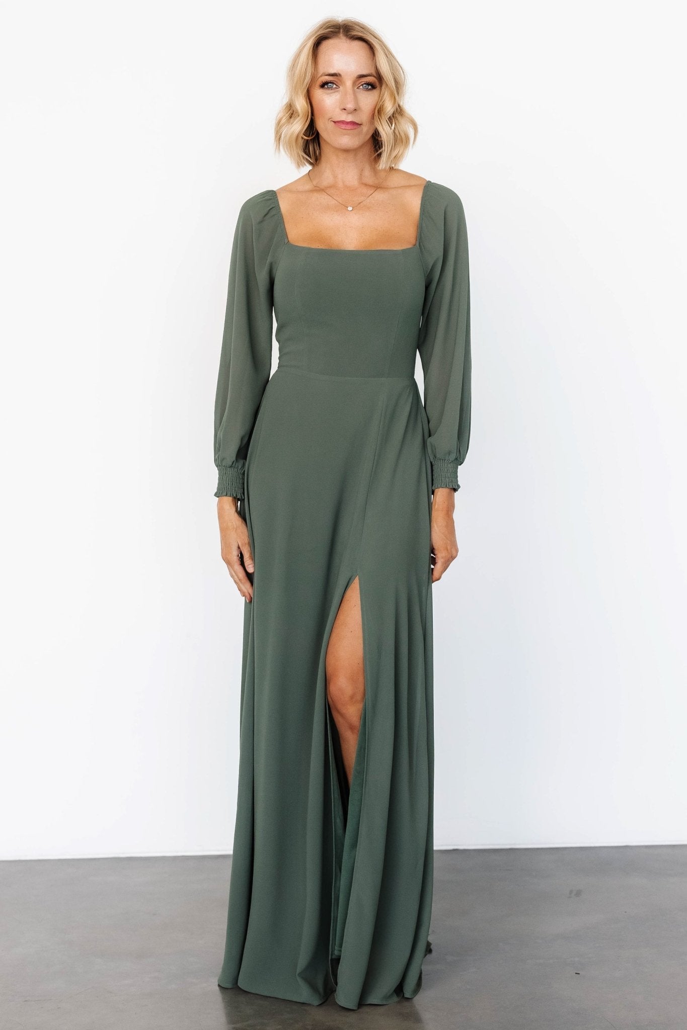 Dark Sage Giselle Maxi Dress with Smocked Bodice & 3/4 Sleeves