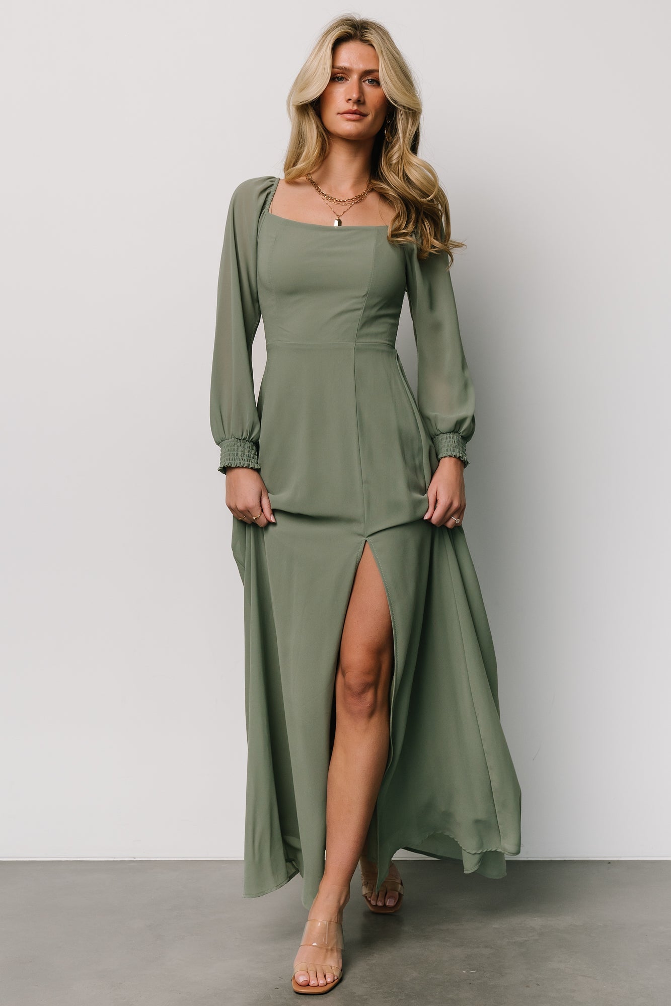 Baltic Born Giselle Eucalyptus Chiffon Maxi Dress with Smocked Bodice