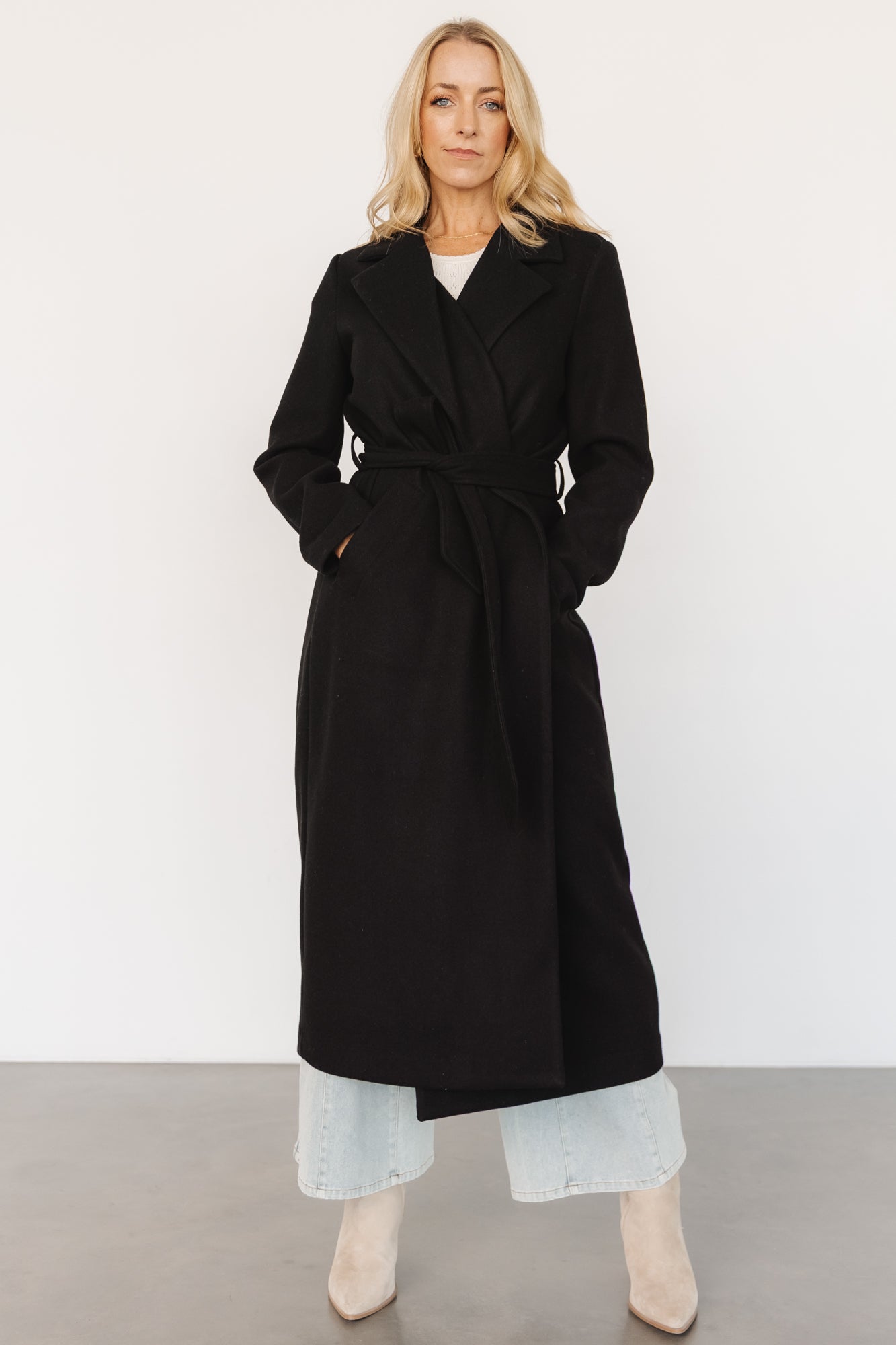 Glenwood Black Long Coat with Removable Sash & Pockets