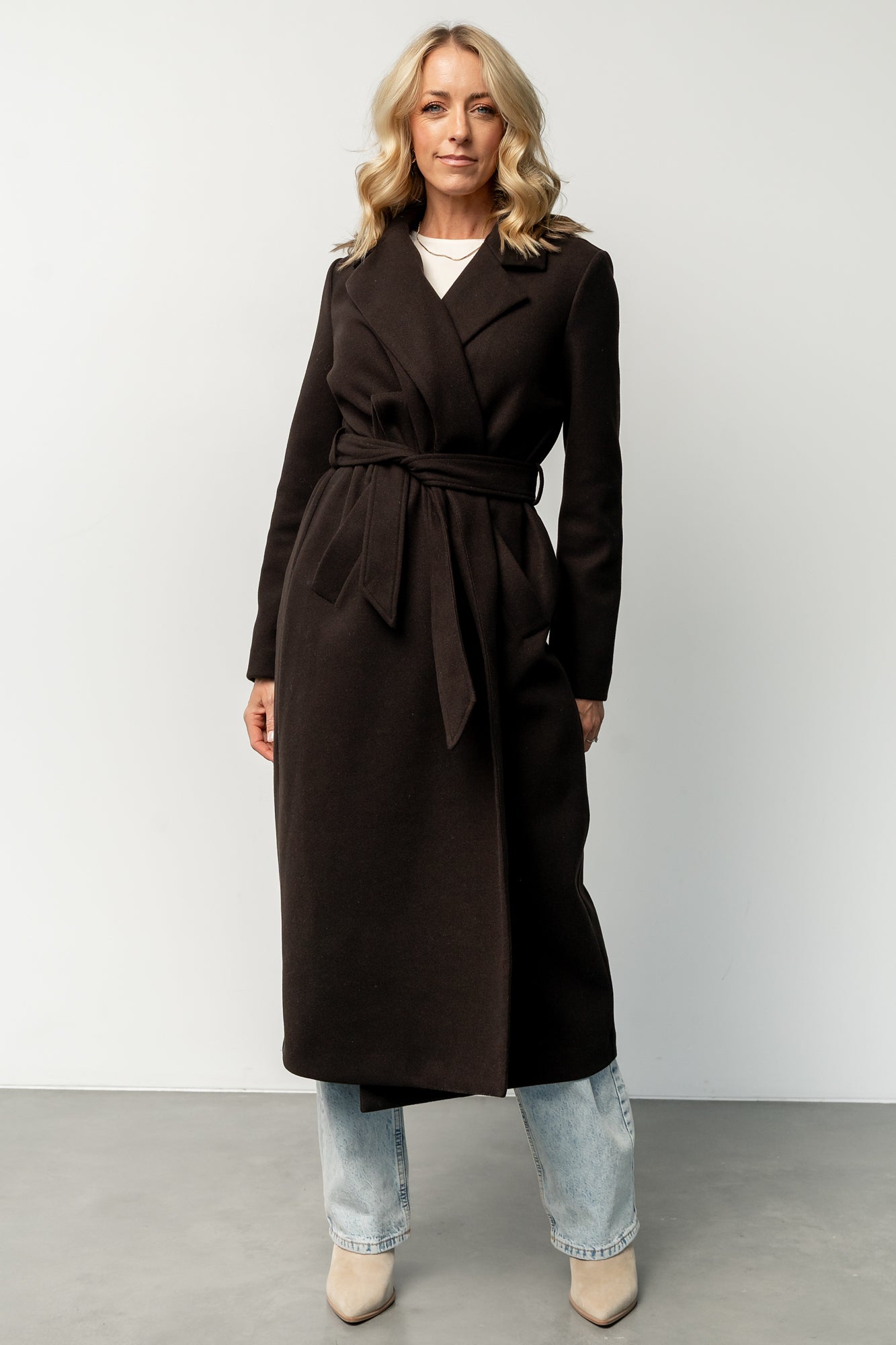 Glenwood Long Dark Brown Winter Coat with Removable Sash