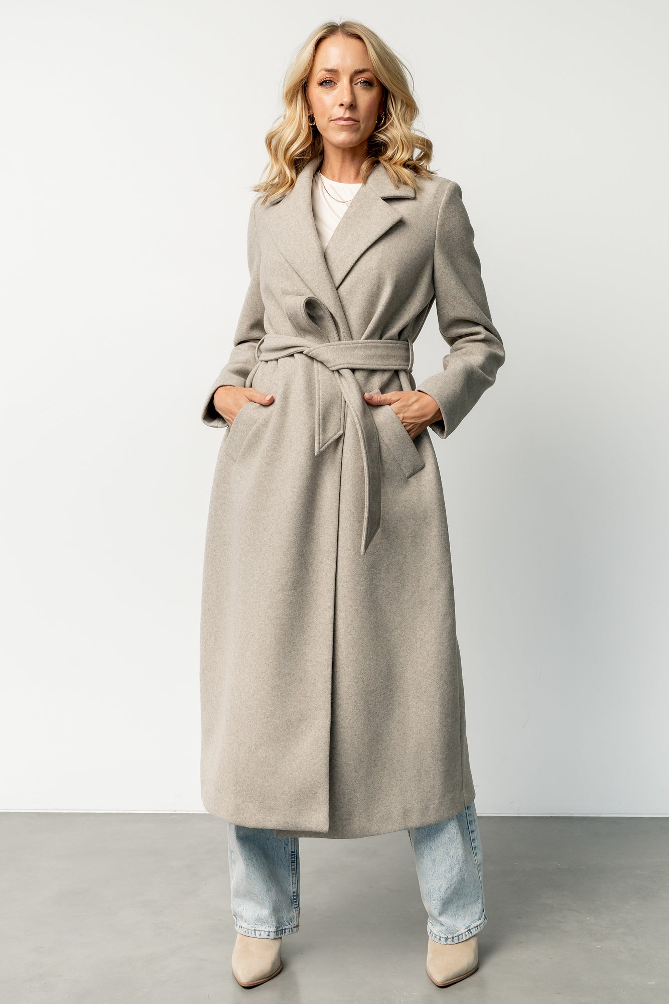 Glenwood Long Coat in Greige - Warm Brushed Polyester with Removable Sash