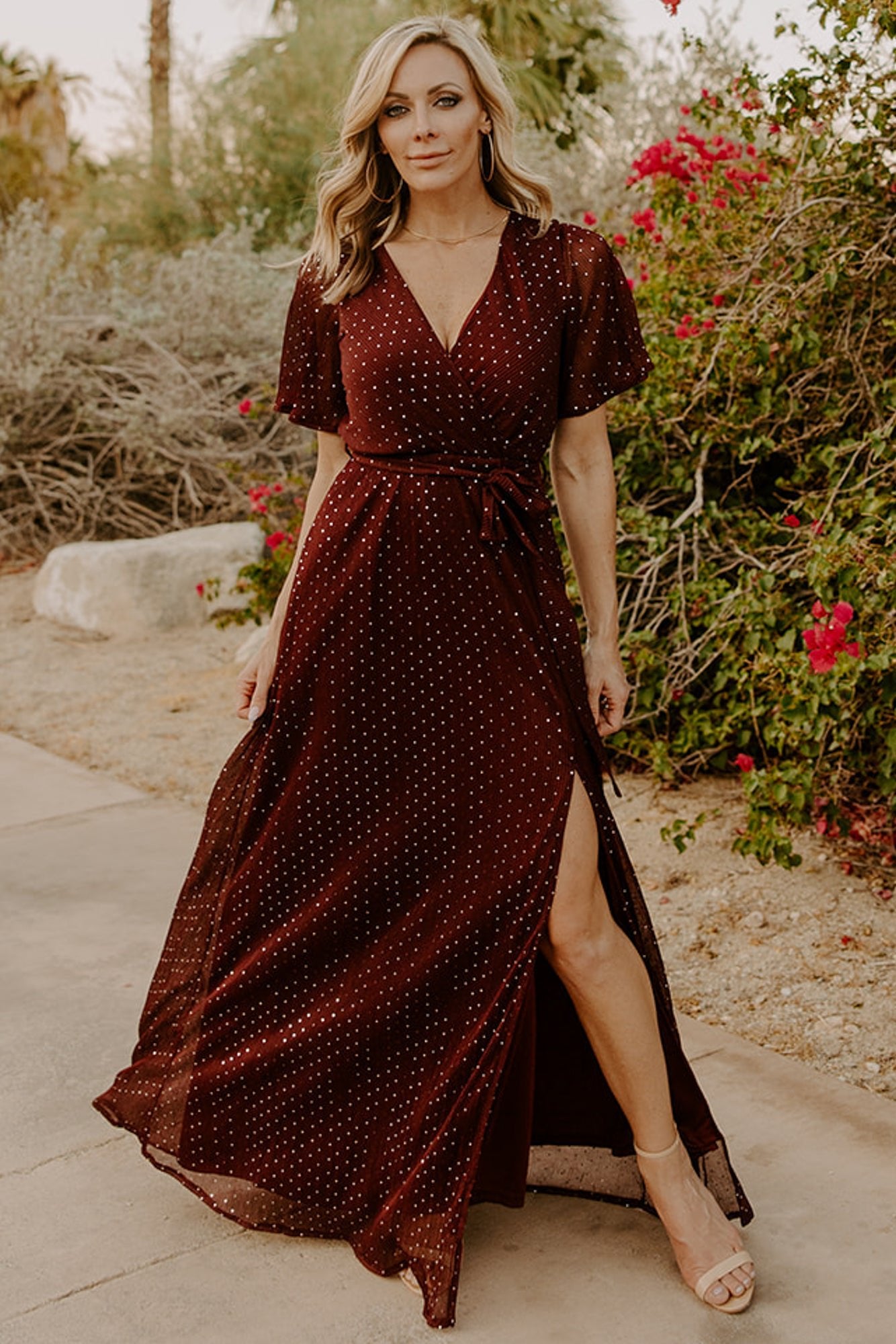 Mulberry Sequin Wrap Evening Gown with Slit - Grace Sparkle Dress