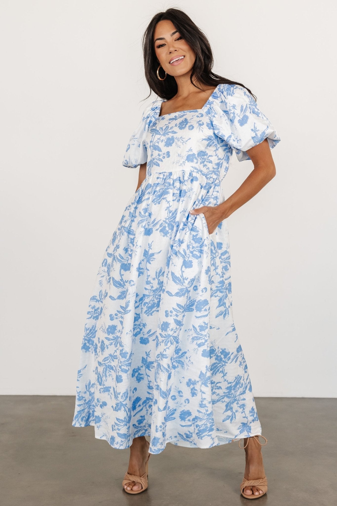White & Blue Floral Maxi Dress with Puffed Sleeves & Pockets - Graceland