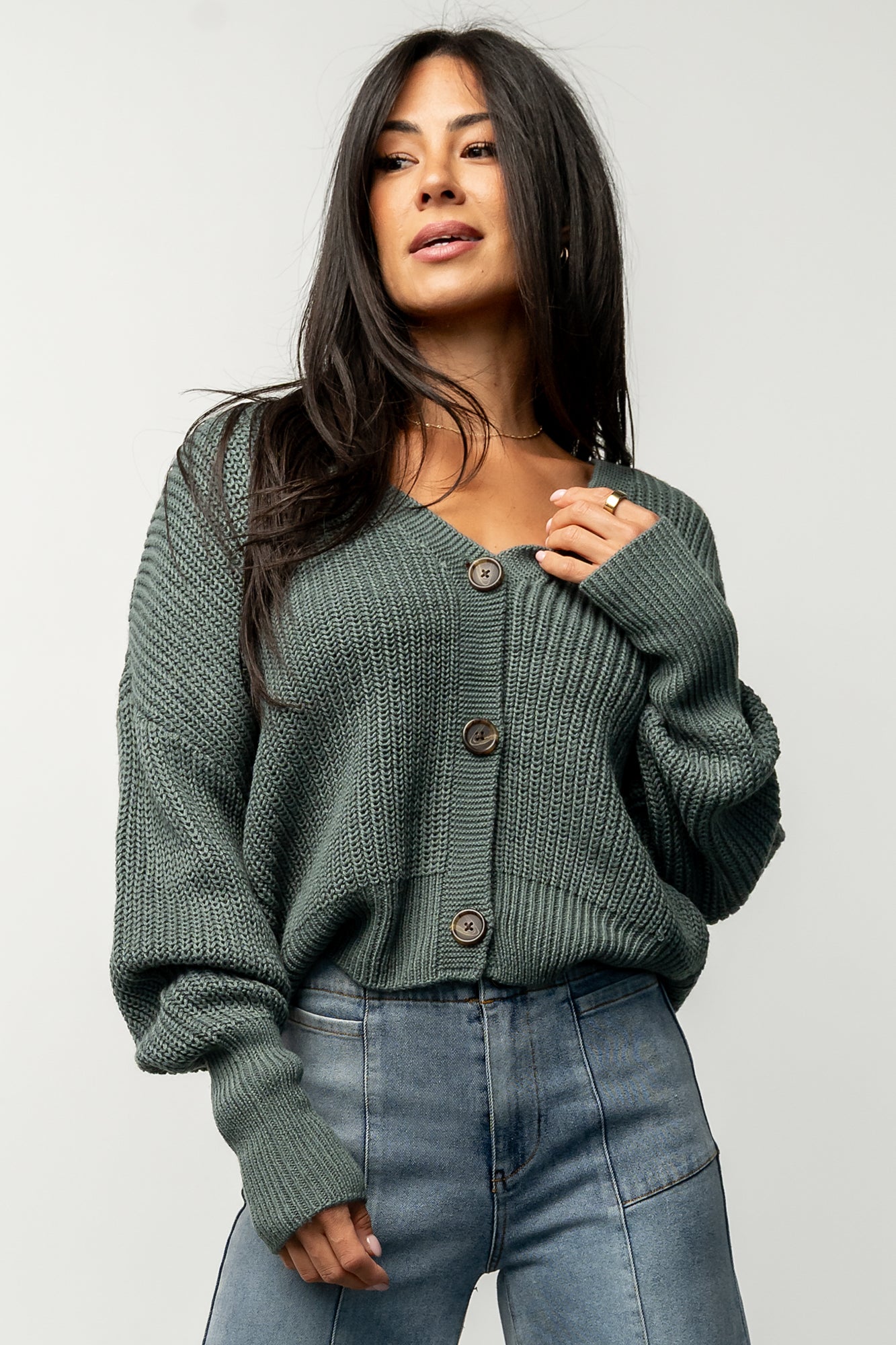 Winter Green Gracie Knit Cardigan - Soft Stretchy V-Neck Sweater
