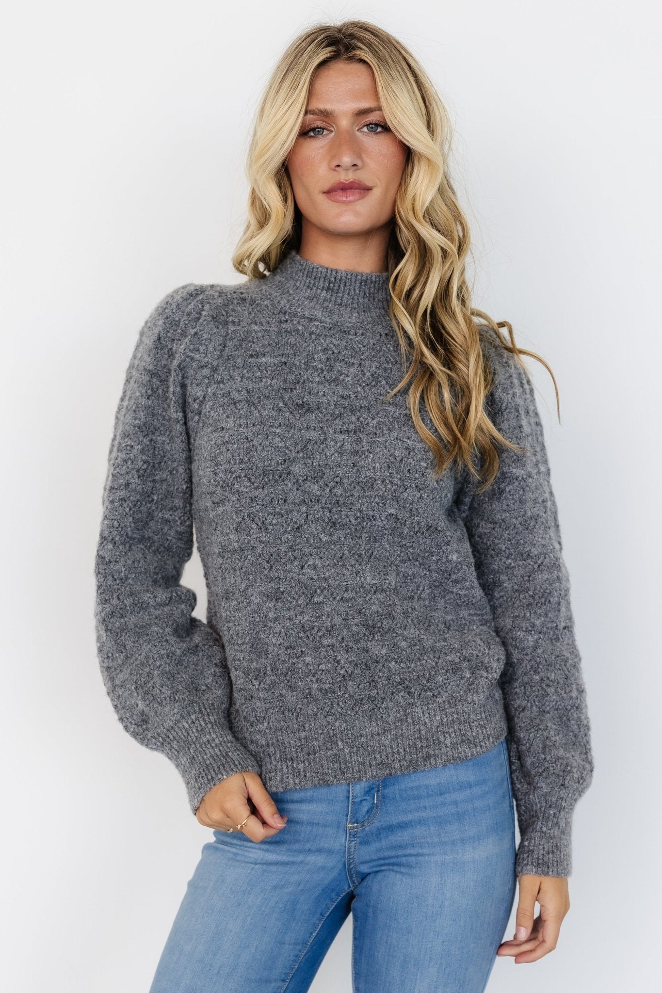 Charcoal Gray Oversized Knit Sweater - Grayson Mock Neck
