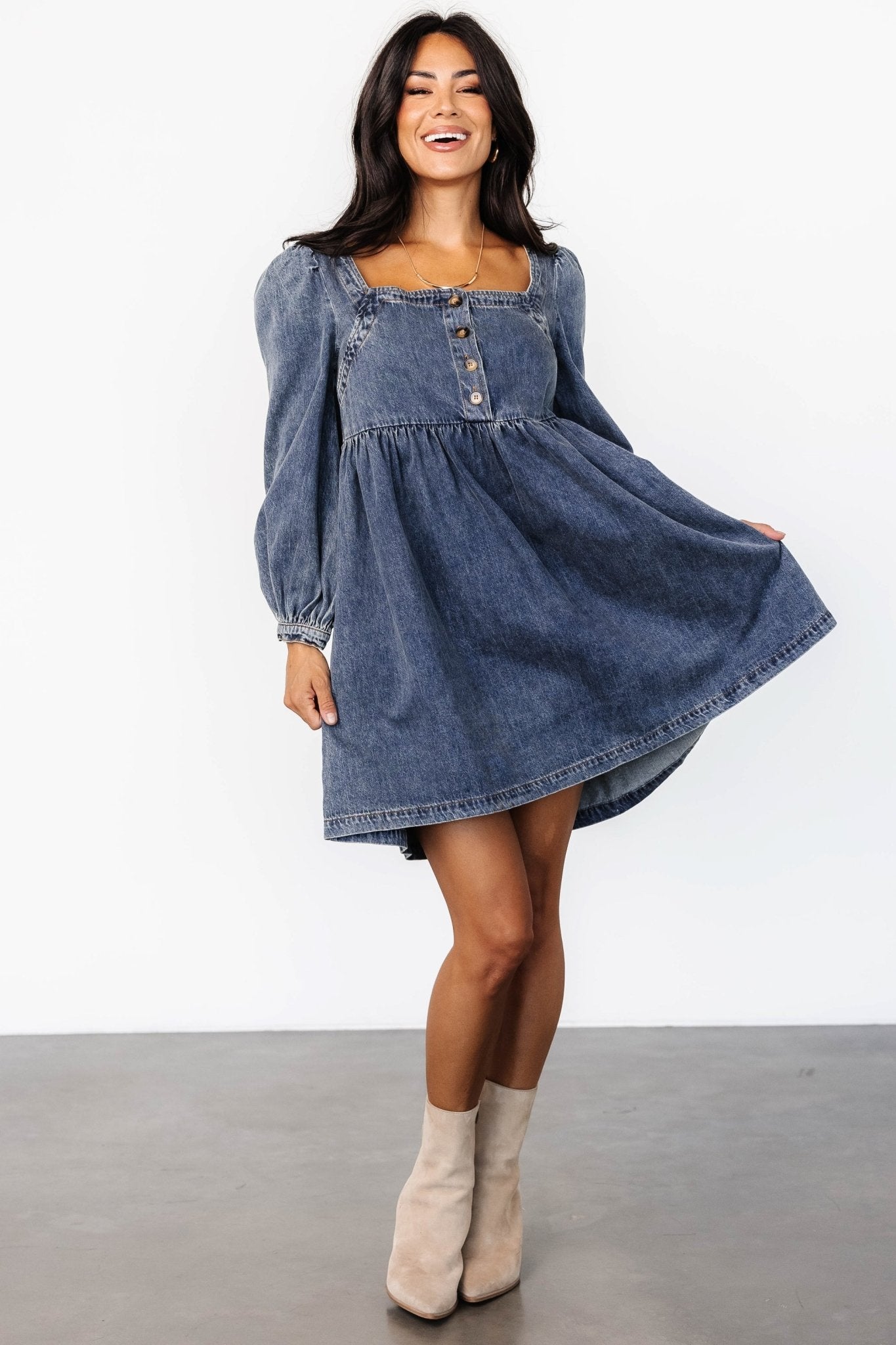 Gretchen Blue Denim Short Dress with Square Neckline