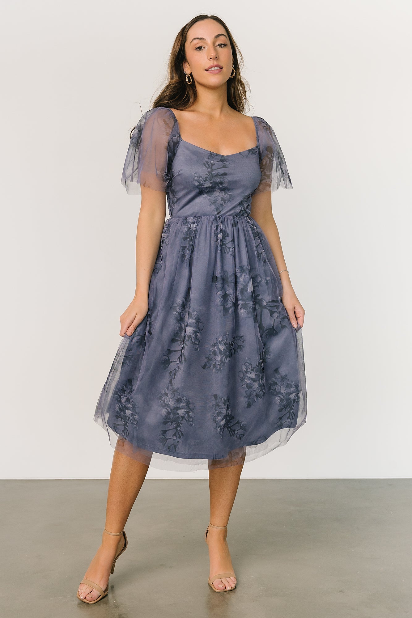 Baltic Born Gwyneth Floral Tulle Midi Dress with Flutter Sleeves