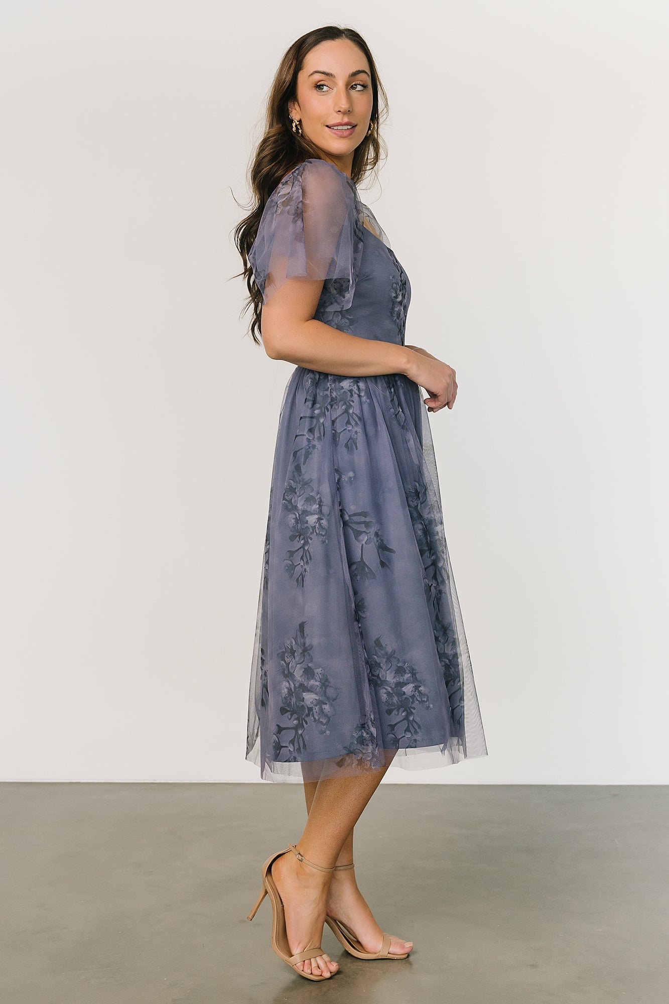 Baltic Born Gwyneth Floral Tulle Midi Dress with Flutter Sleeves