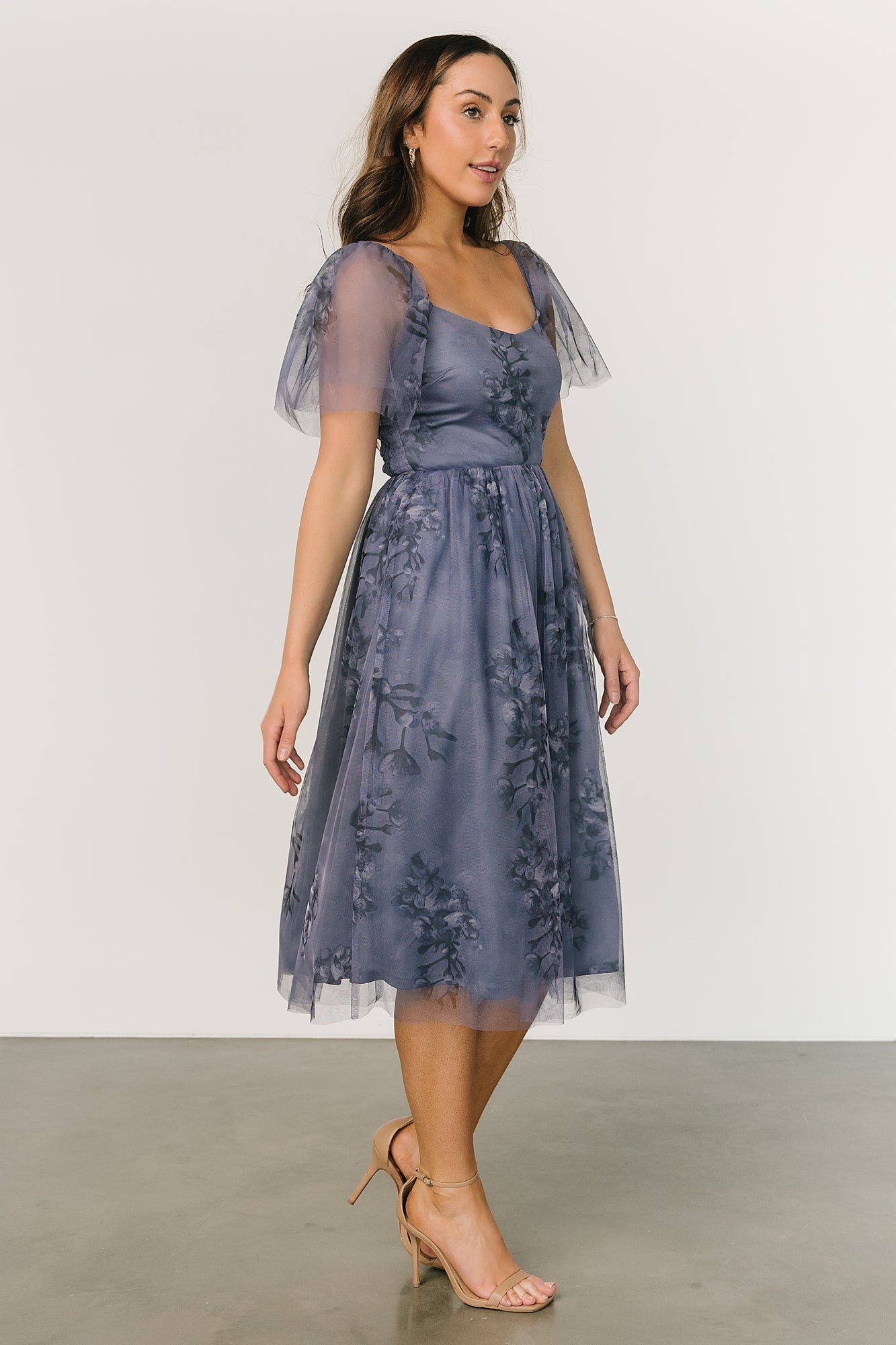 Baltic Born Gwyneth Floral Tulle Midi Dress with Flutter Sleeves
