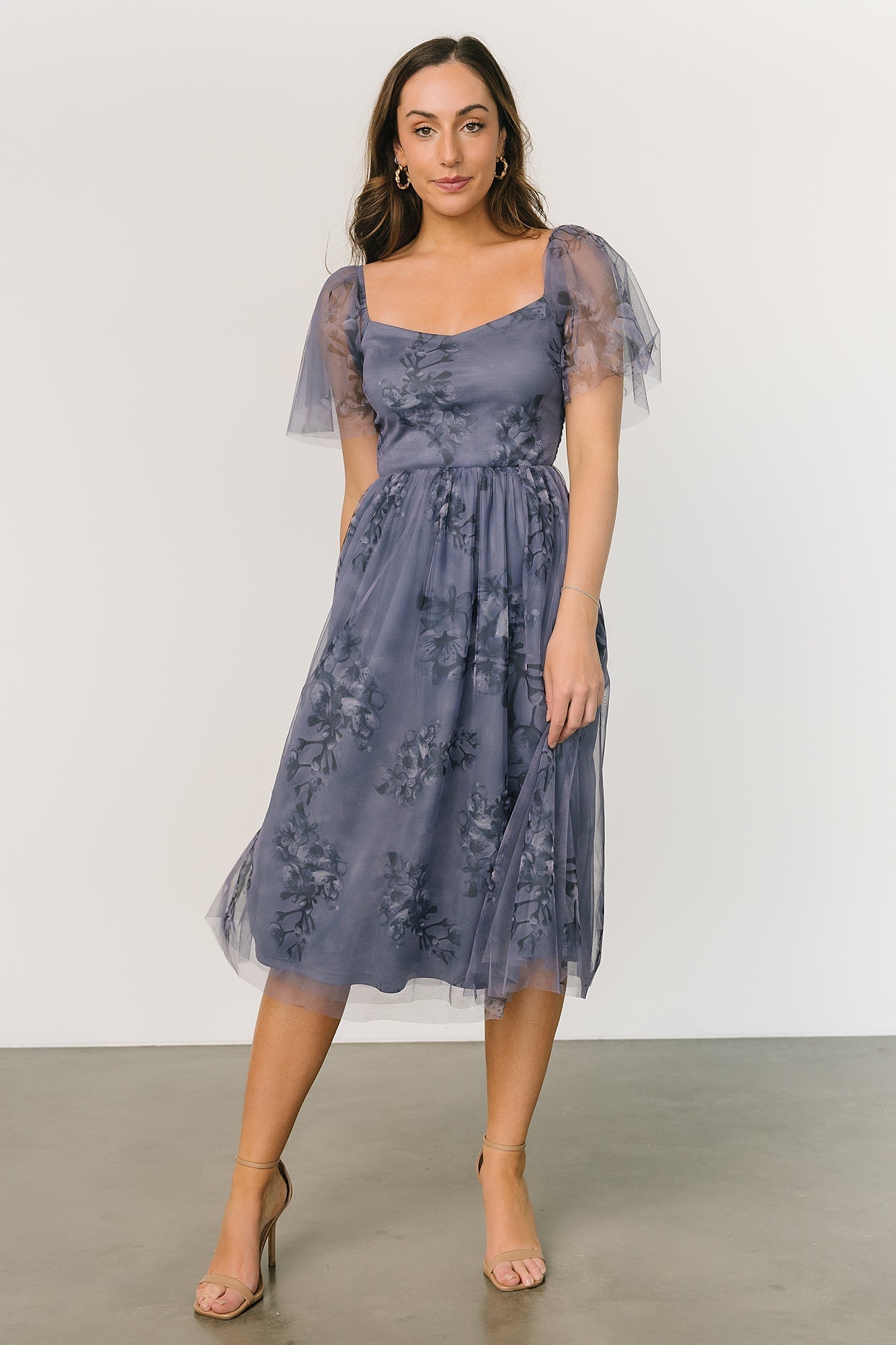 Baltic Born Gwyneth Floral Tulle Midi Dress with Flutter Sleeves