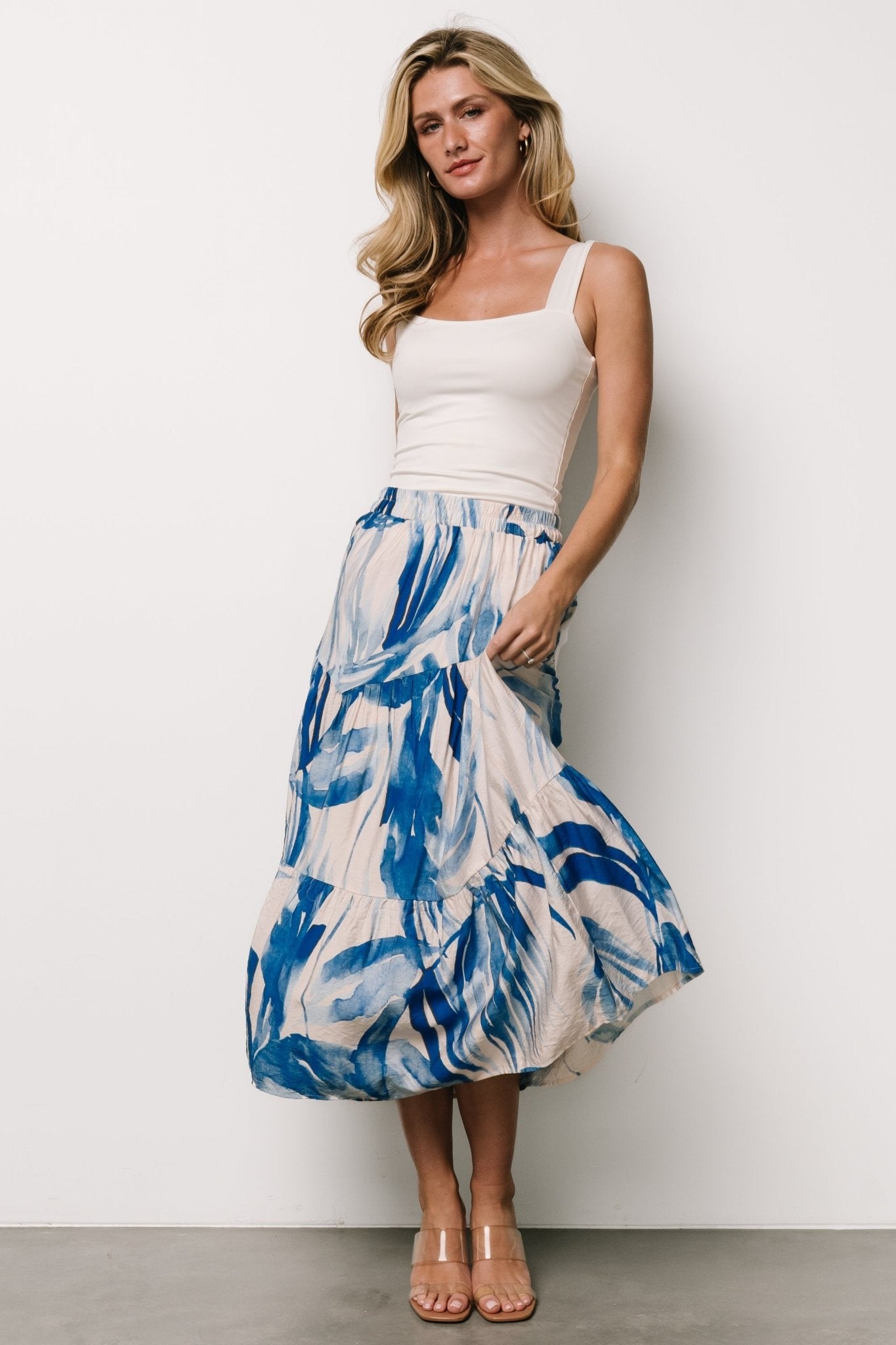 Floral Tiered Skirt with Pockets - Hailee Off White & Blue
