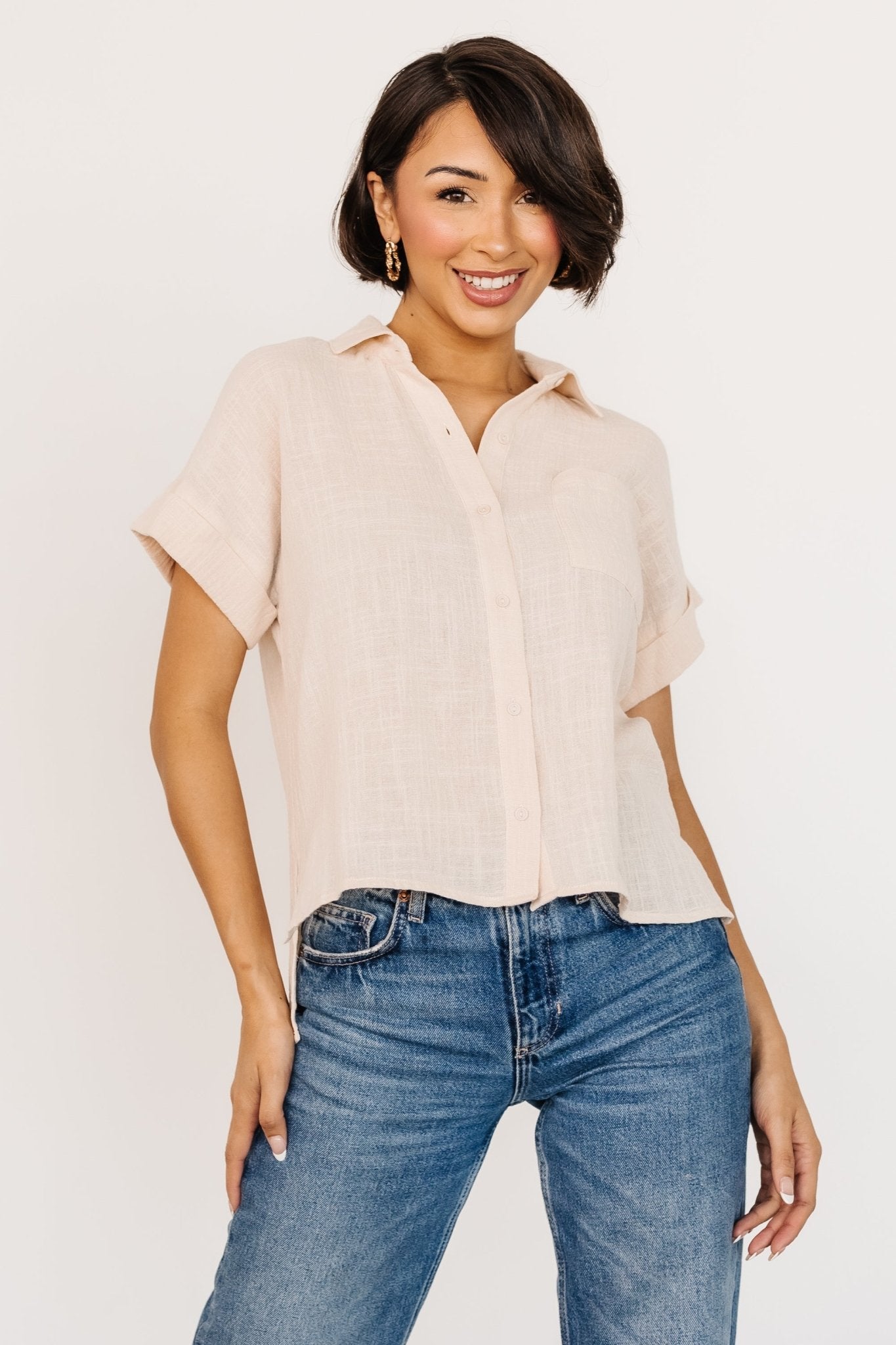 Baltic Born Natural Cotton Short Sleeve Button-Up Top