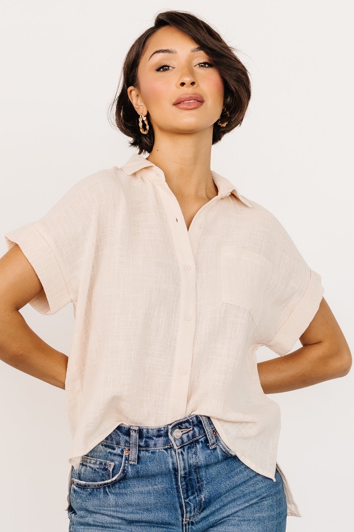 Baltic Born Natural Cotton Short Sleeve Button-Up Top