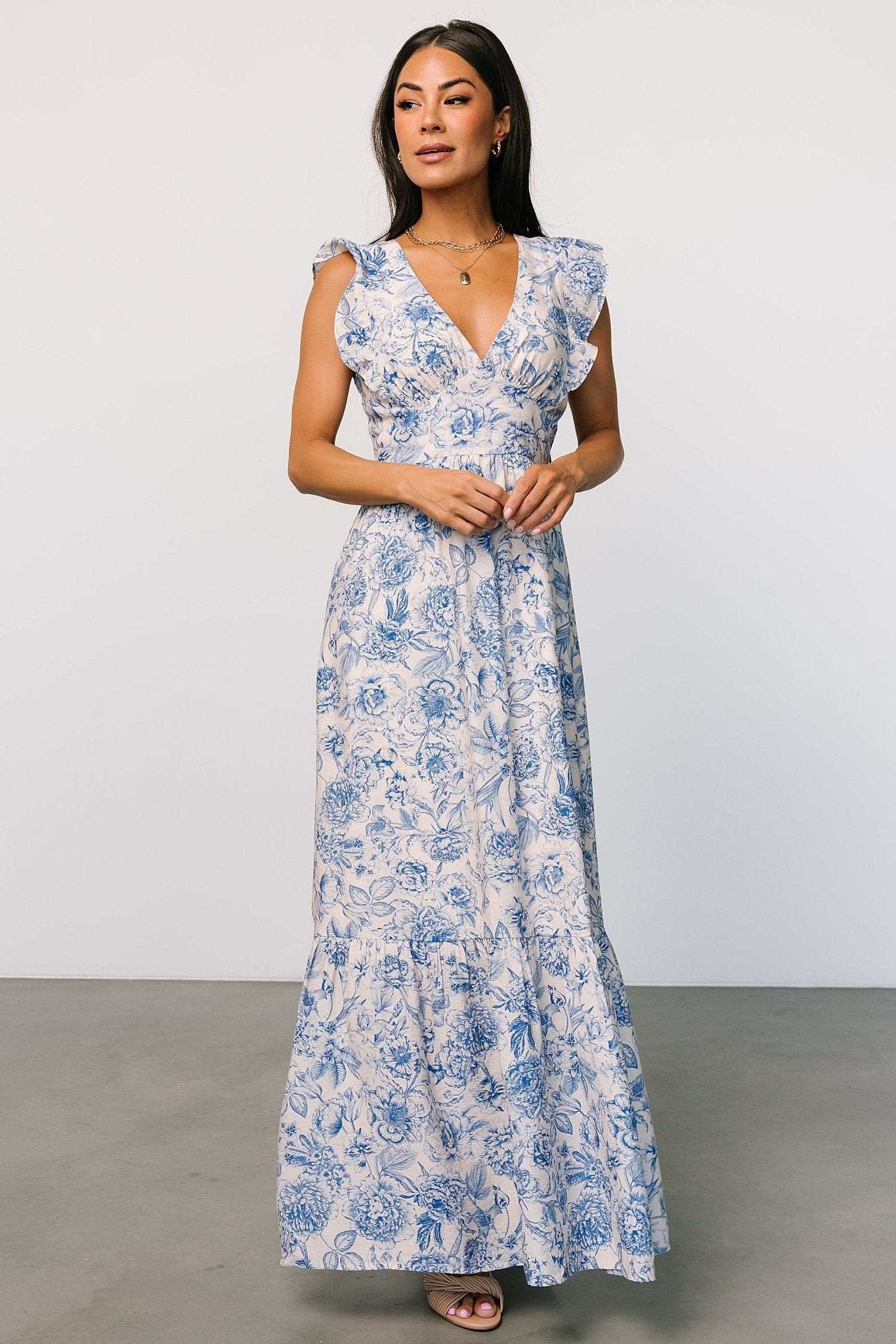 Blue Floral Maxi Dress with V-Neck & Ruffled Sleeves – Baltic Born