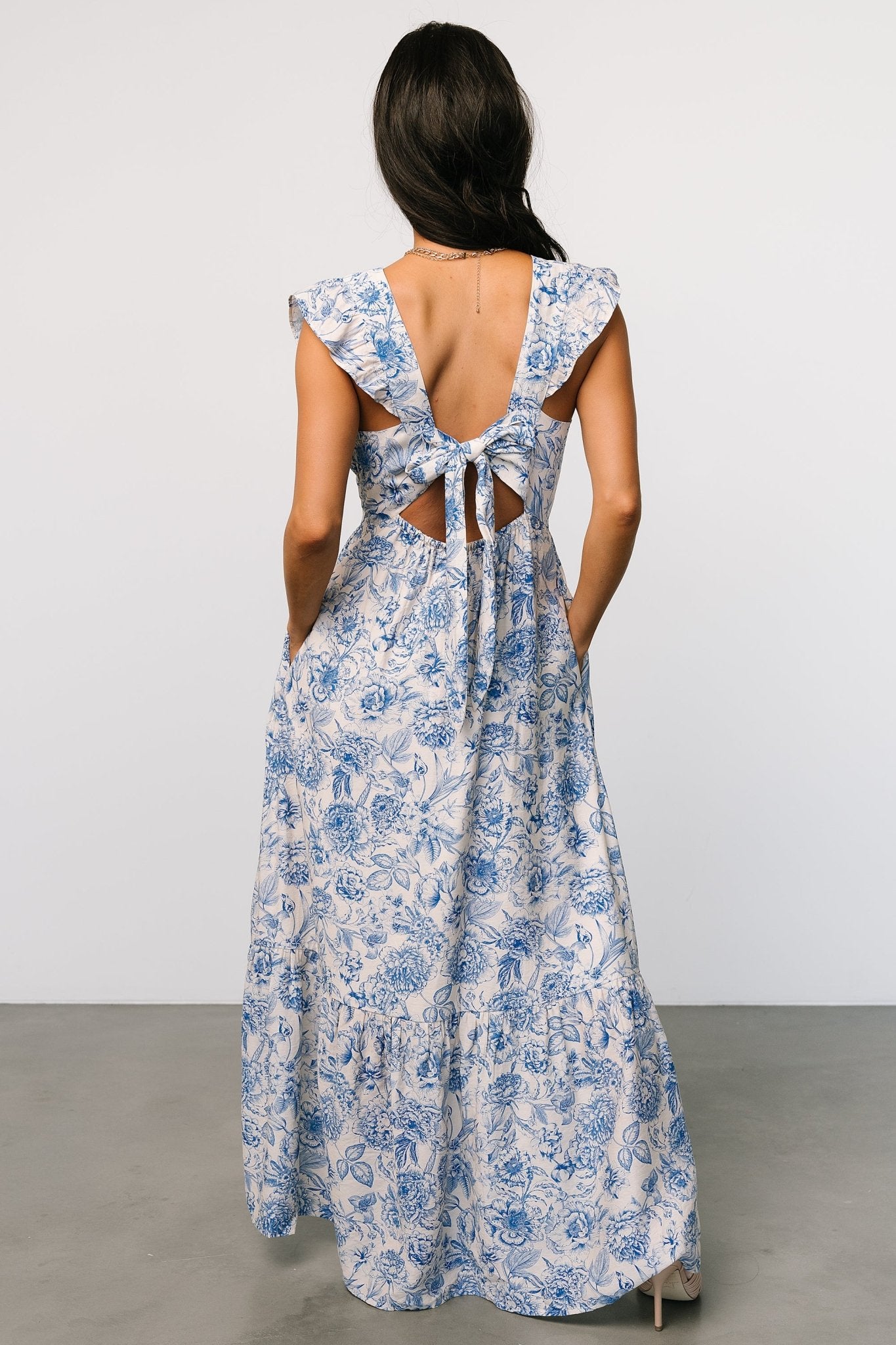 Blue Floral Maxi Dress with V-Neck & Ruffled Sleeves – Baltic Born