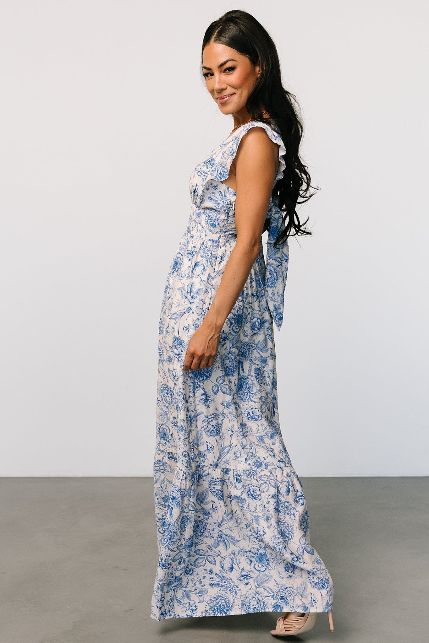 Blue Floral Maxi Dress with V-Neck & Ruffled Sleeves – Baltic Born