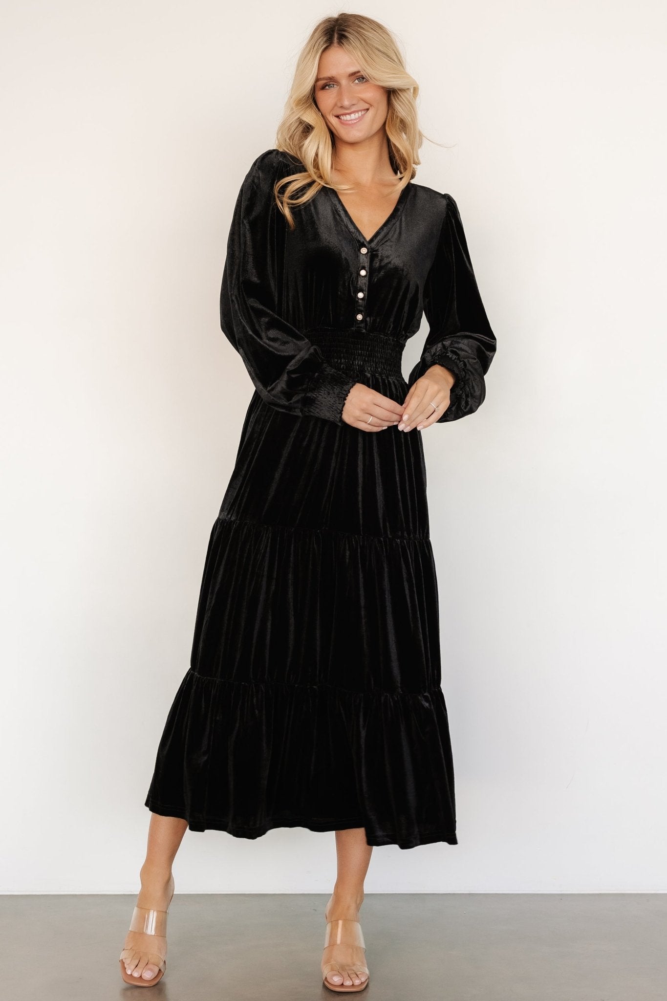 Black Velvet Midi Dress with V-Neck & Hidden Pockets - Harley