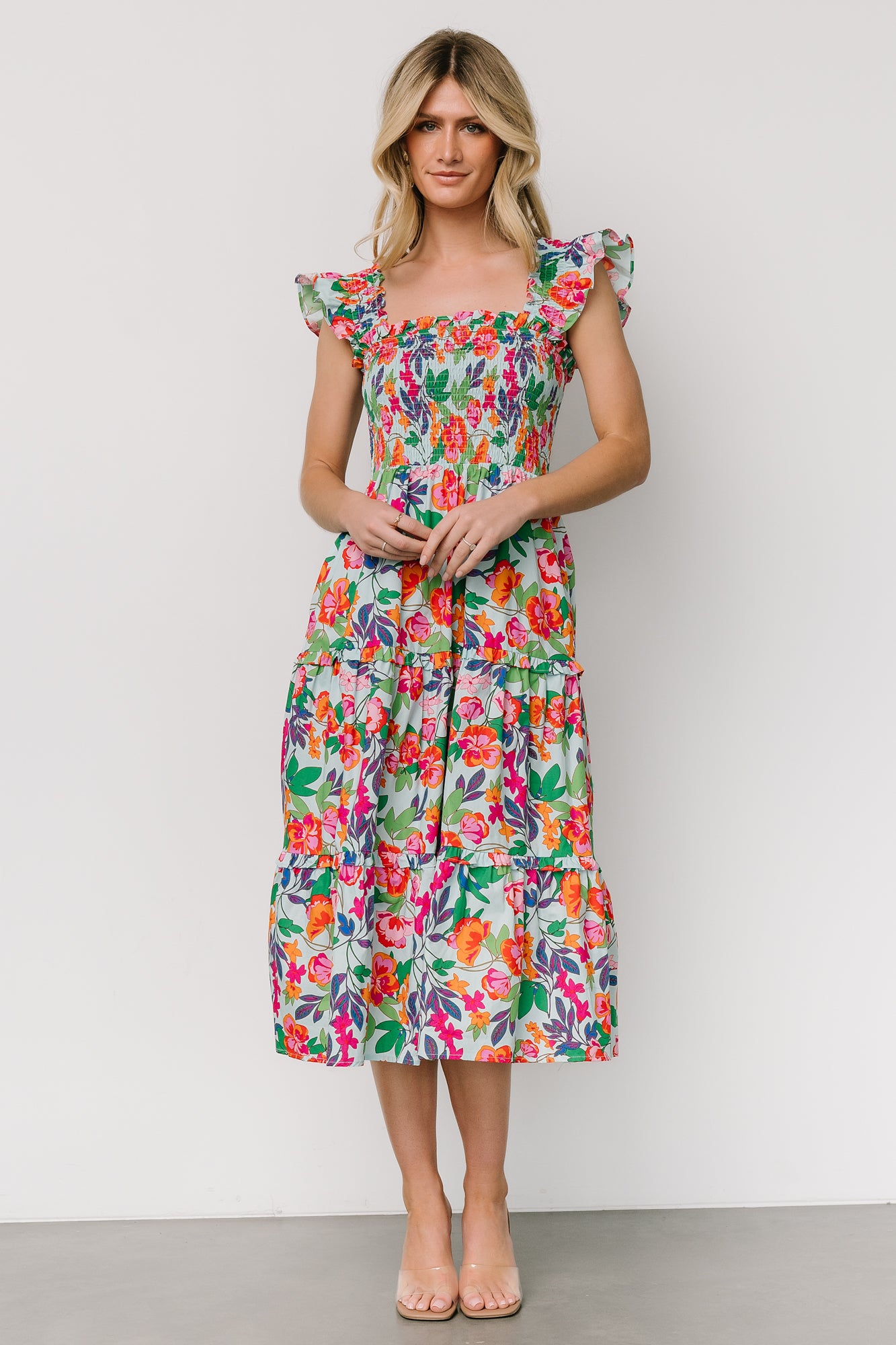 Harper Blue Floral Smocked Midi Dress with Pockets