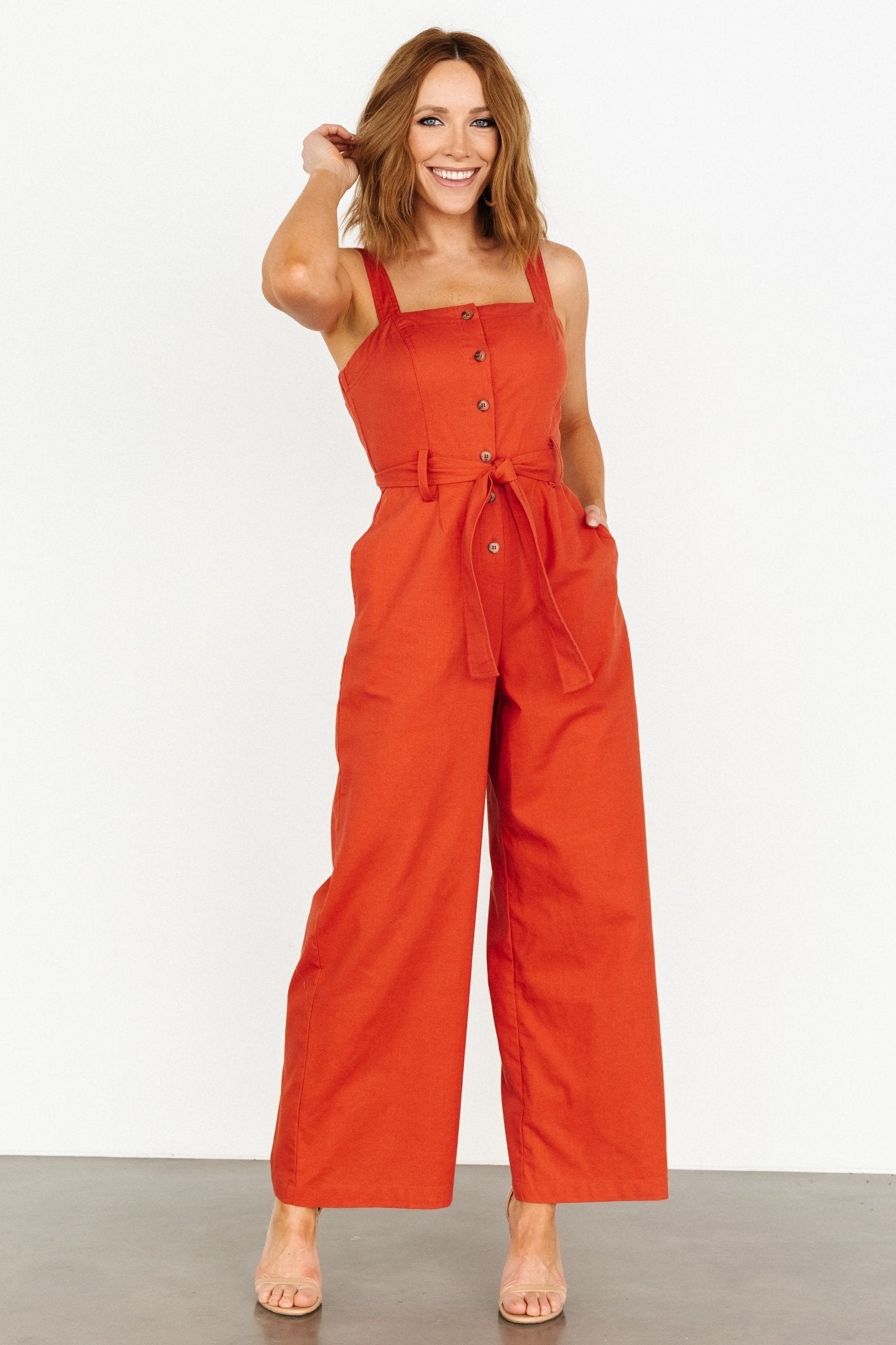 Hartford Rust Linen Blend Jumpsuit with Removable Belt