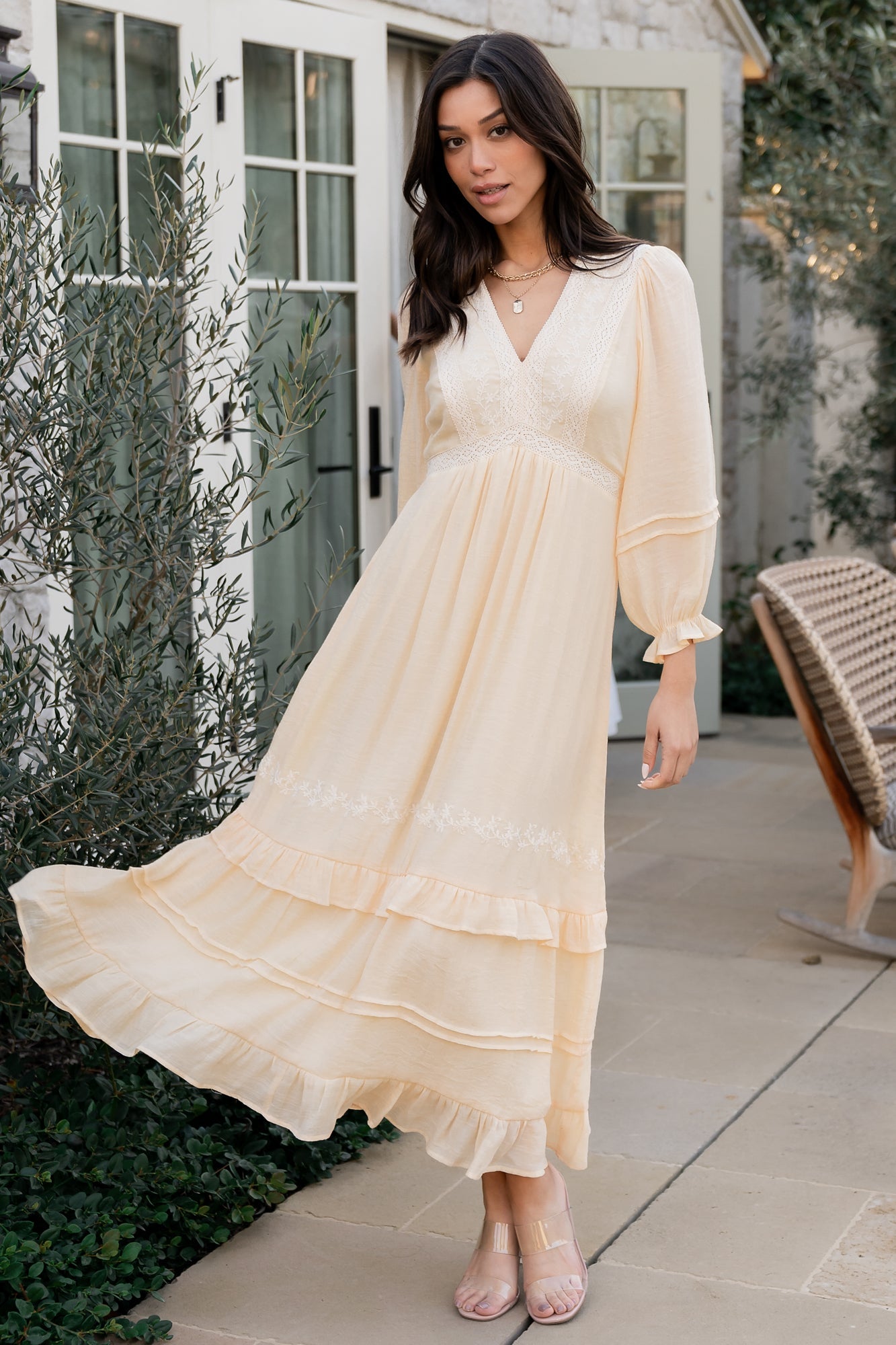Amberlee Embroidered Cream Midi Dress with Ruffled Sleeves