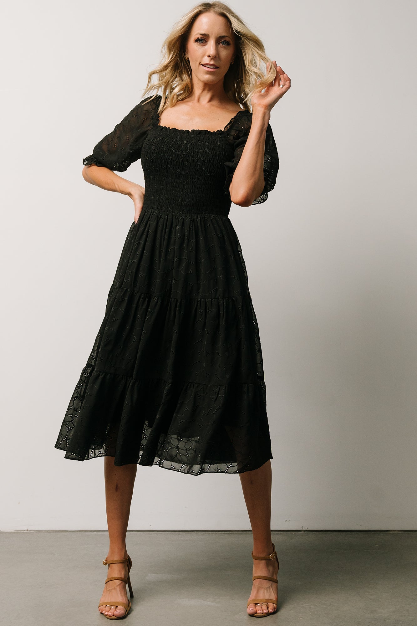 Black Hazel Eyelet Midi Dress with Smocked Bodice & Ruffled Sleeves