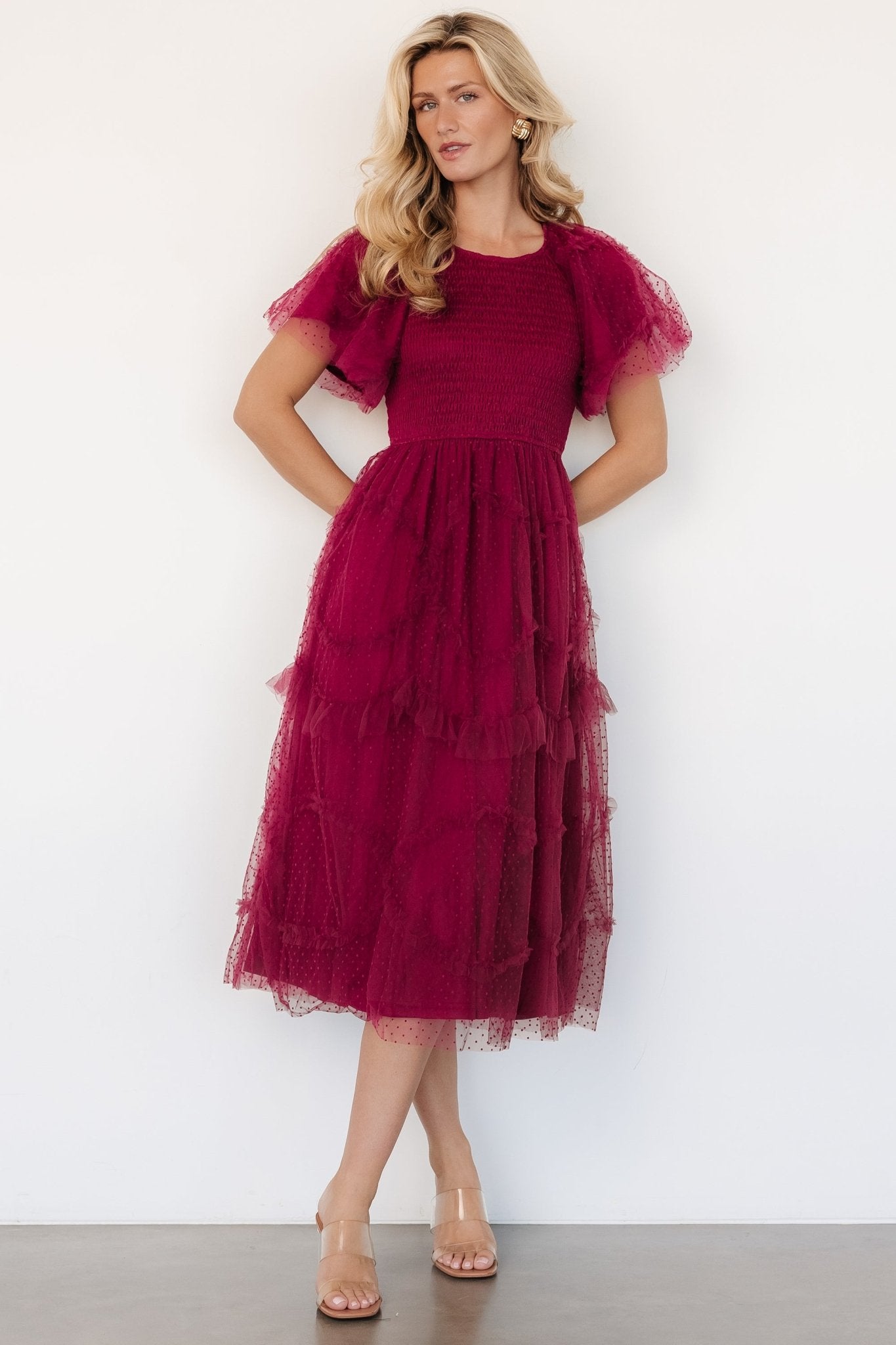 Burgundy Swiss Dot Tulle Midi Dress with Ruffled Sleeves