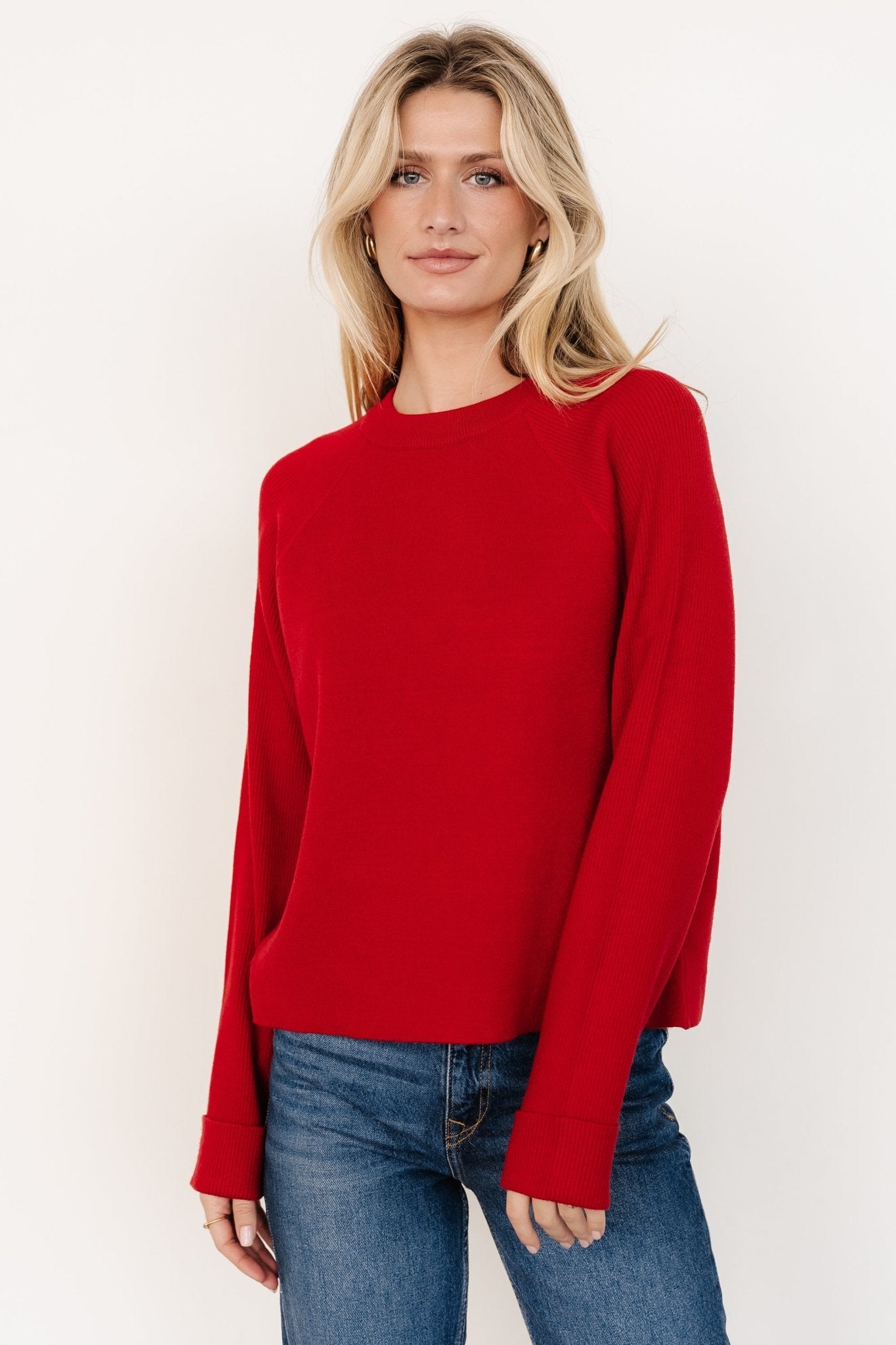 Red Ribbed Knit Sweater for Women - Soft Viscose Blend Relaxed Fit