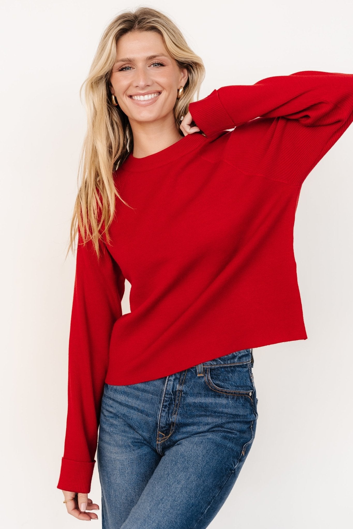 Red Ribbed Knit Sweater for Women - Soft Viscose Blend Relaxed Fit