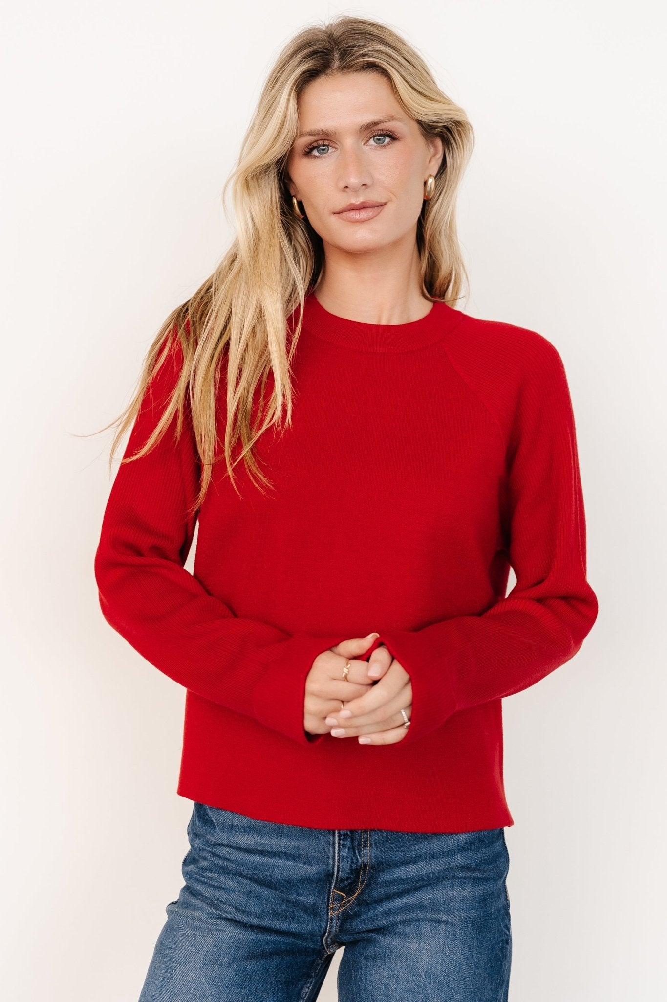 Red Ribbed Knit Sweater for Women - Soft Viscose Blend Relaxed Fit