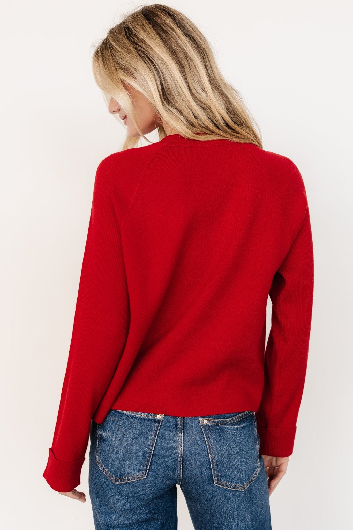 Red Ribbed Knit Sweater for Women - Soft Viscose Blend Relaxed Fit