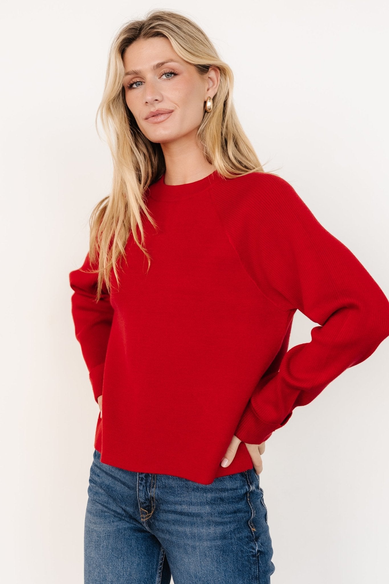 Red Ribbed Knit Sweater for Women - Soft Viscose Blend Relaxed Fit