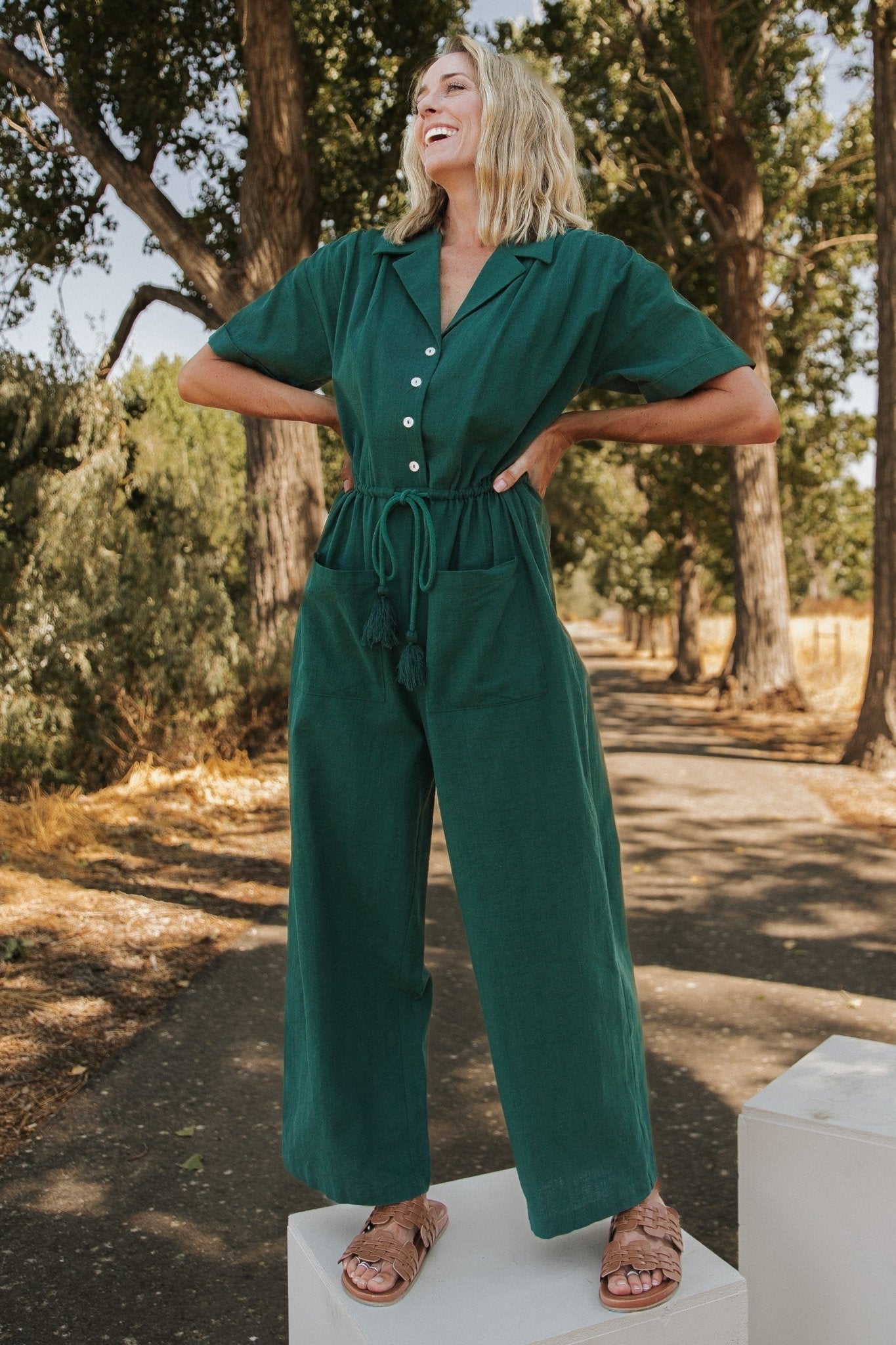 Green Utility Jumpsuit with Drawstring Waist & Patch Pockets