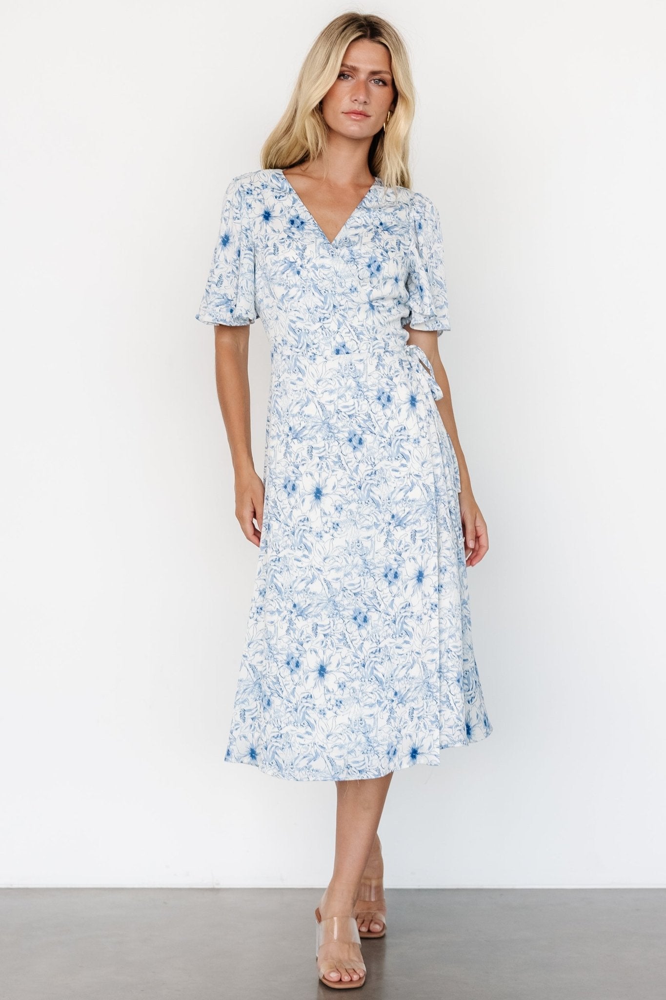 Blue Floral Wrap Midi Dress with Flutter Sleeves – Baltic Born