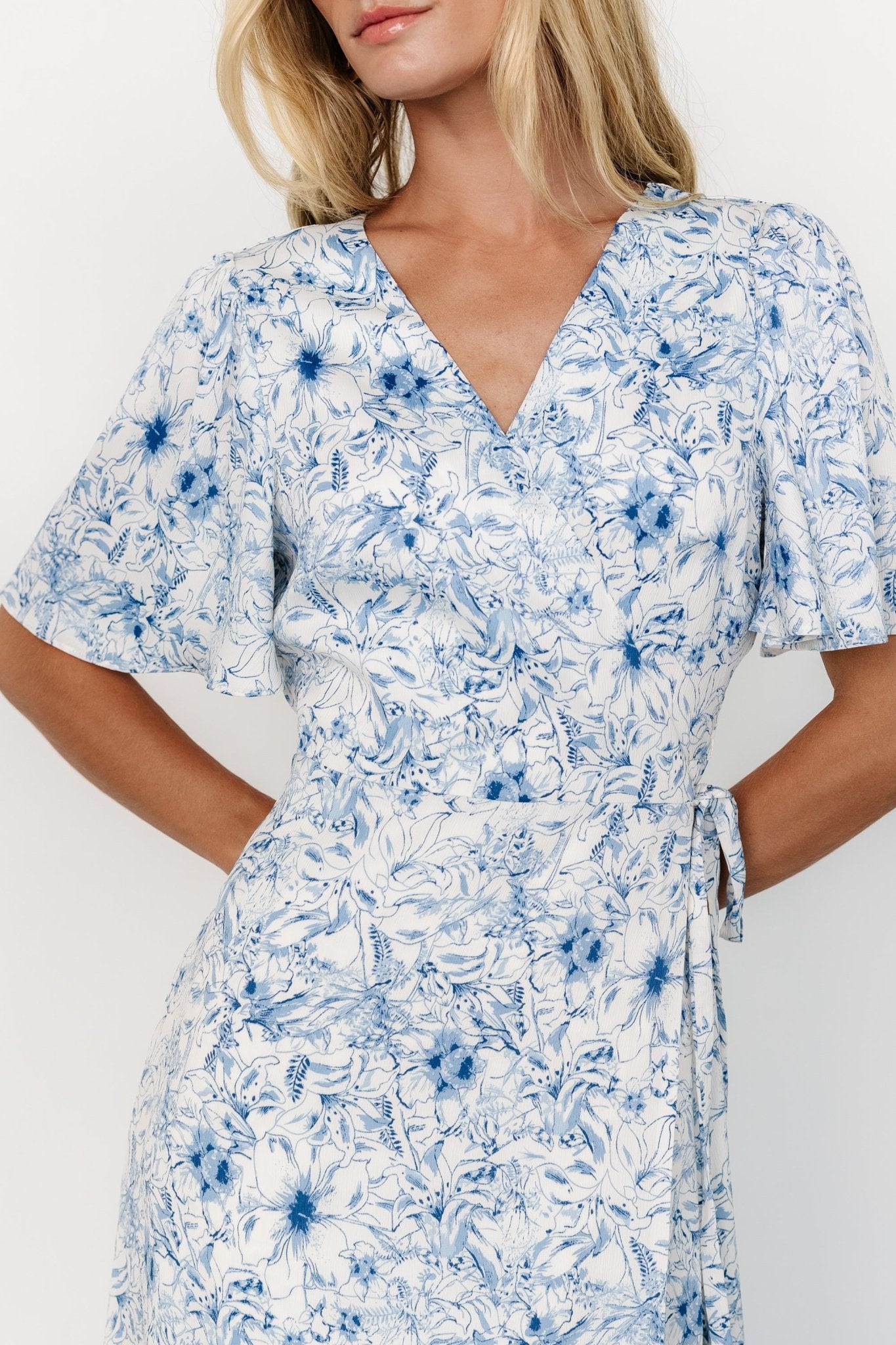 Blue Floral Wrap Midi Dress with Flutter Sleeves – Baltic Born