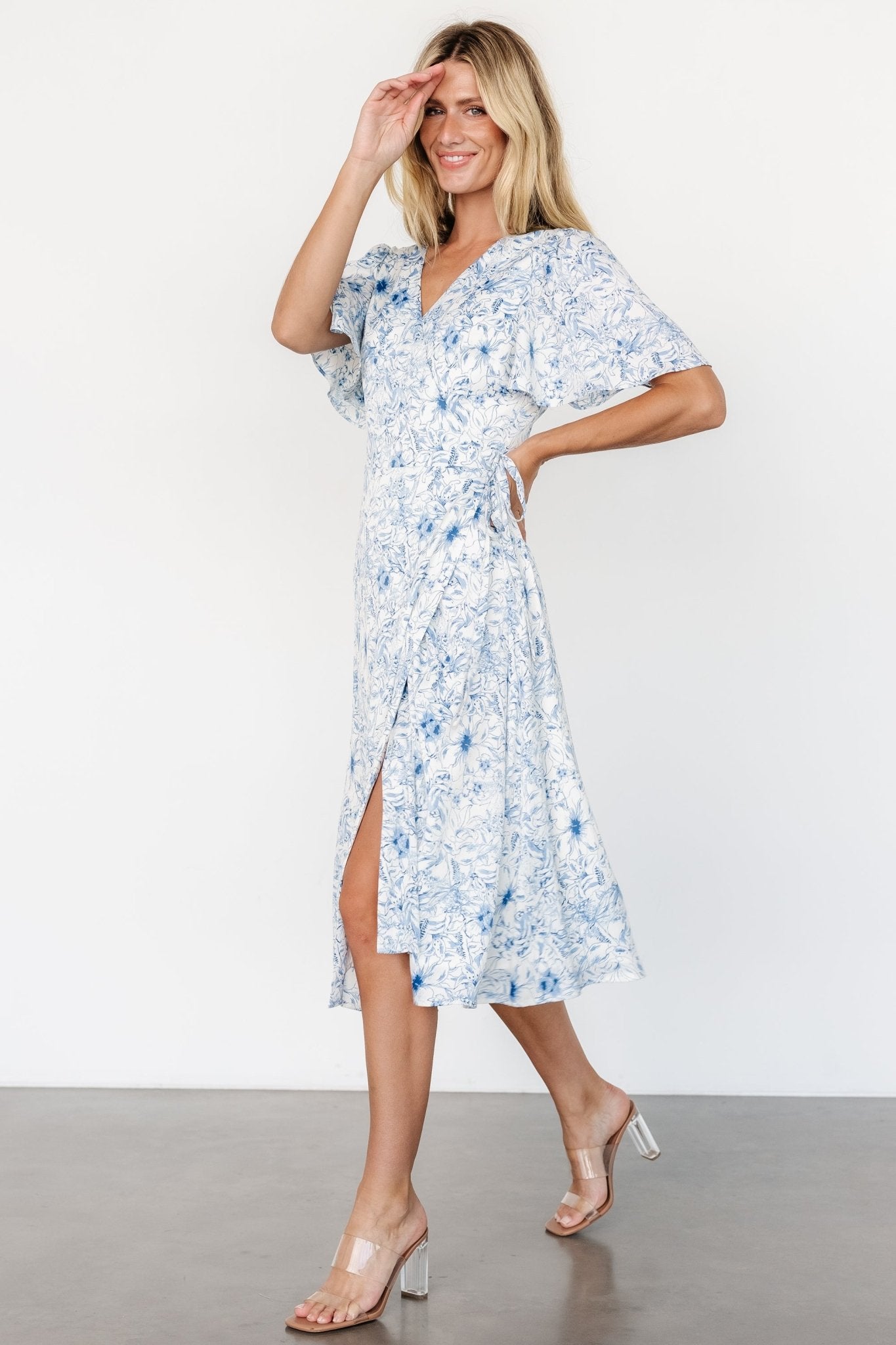 Blue Floral Wrap Midi Dress with Flutter Sleeves – Baltic Born