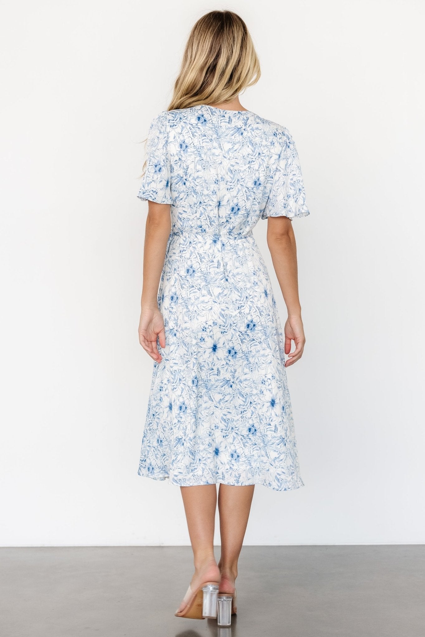 Blue Floral Wrap Midi Dress with Flutter Sleeves – Baltic Born