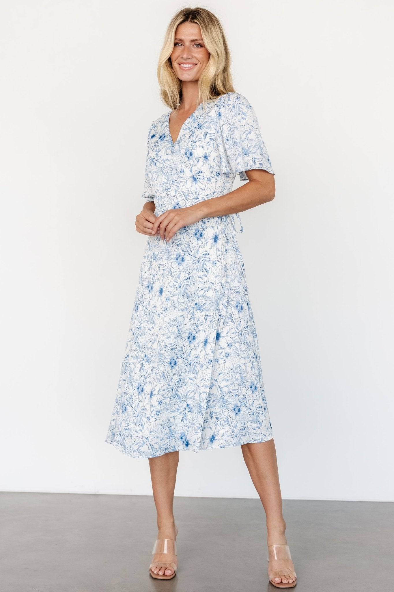 Blue Floral Wrap Midi Dress with Flutter Sleeves – Baltic Born