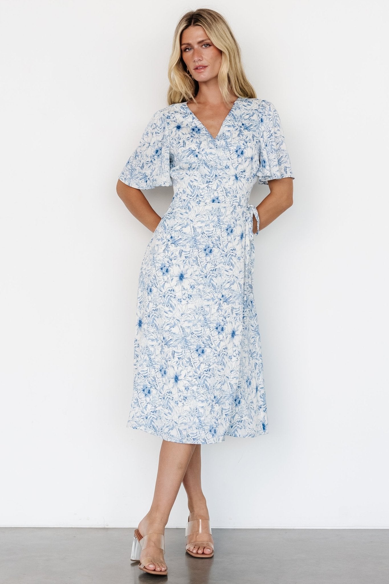 Blue Floral Wrap Midi Dress with Flutter Sleeves – Baltic Born