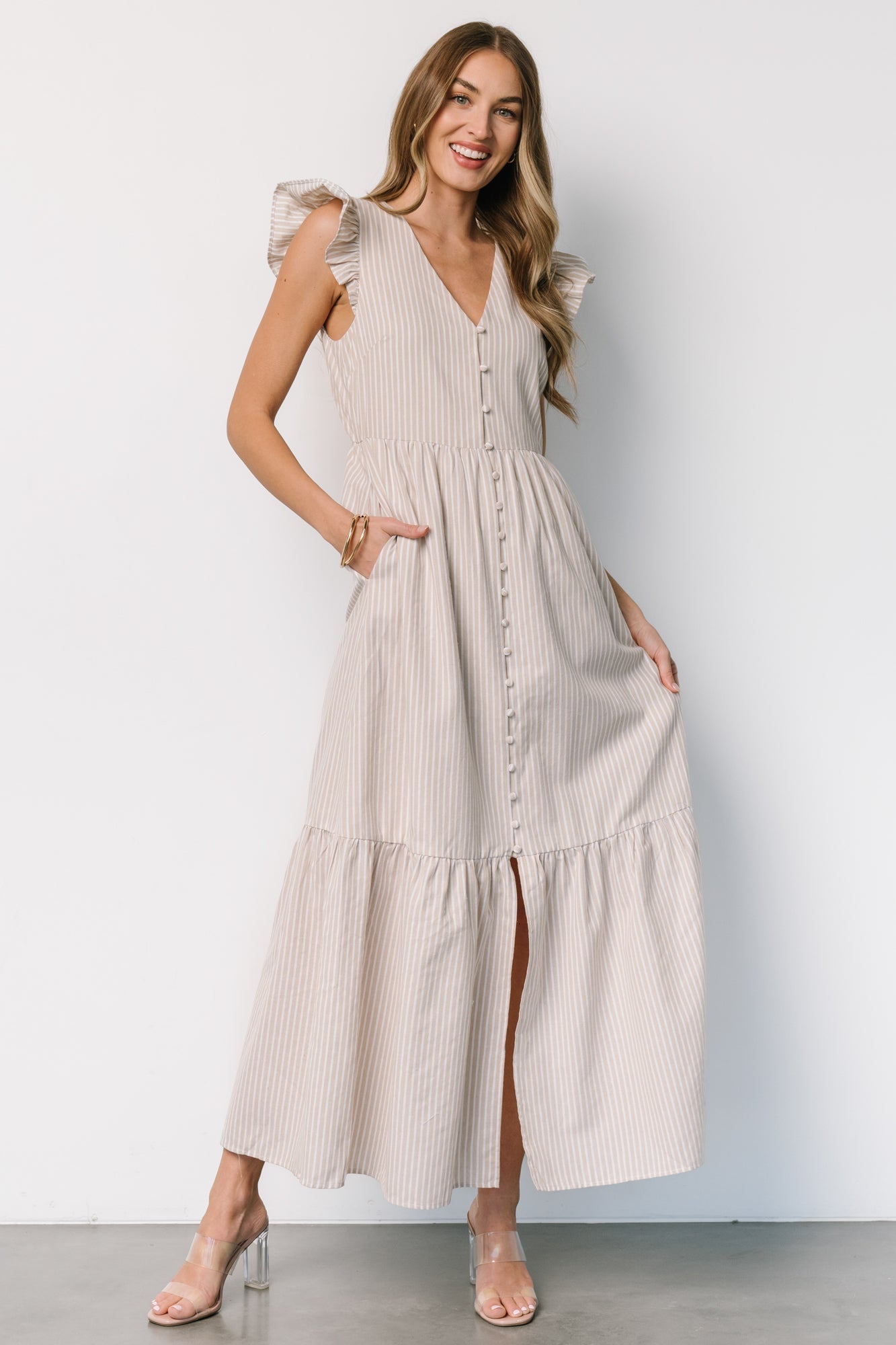 Beige Striped Cotton Maxi Dress with Pockets & Flutter Sleeves