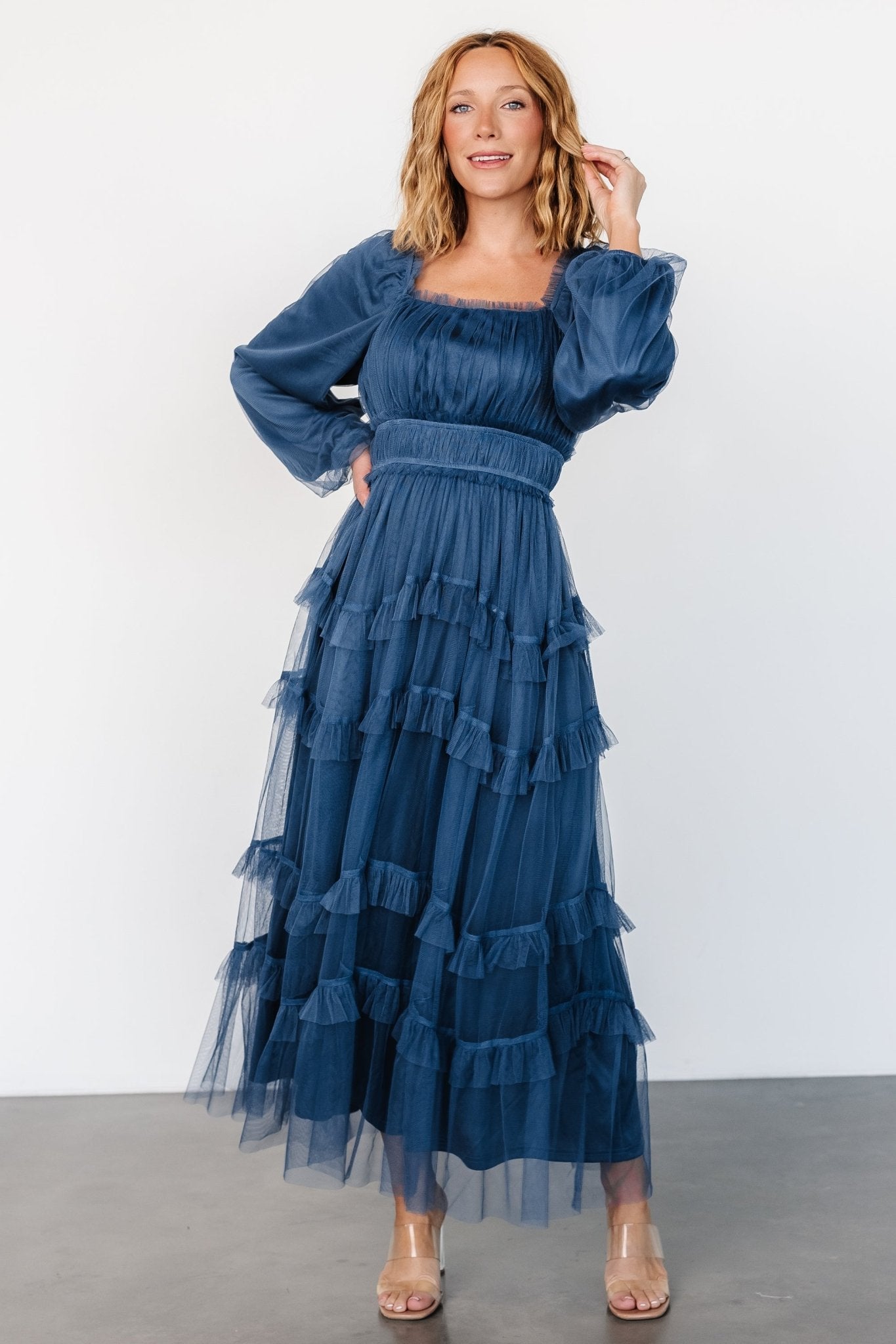Vintage Navy Tulle Maxi Dress with Ruffled Sleeves | Hilda