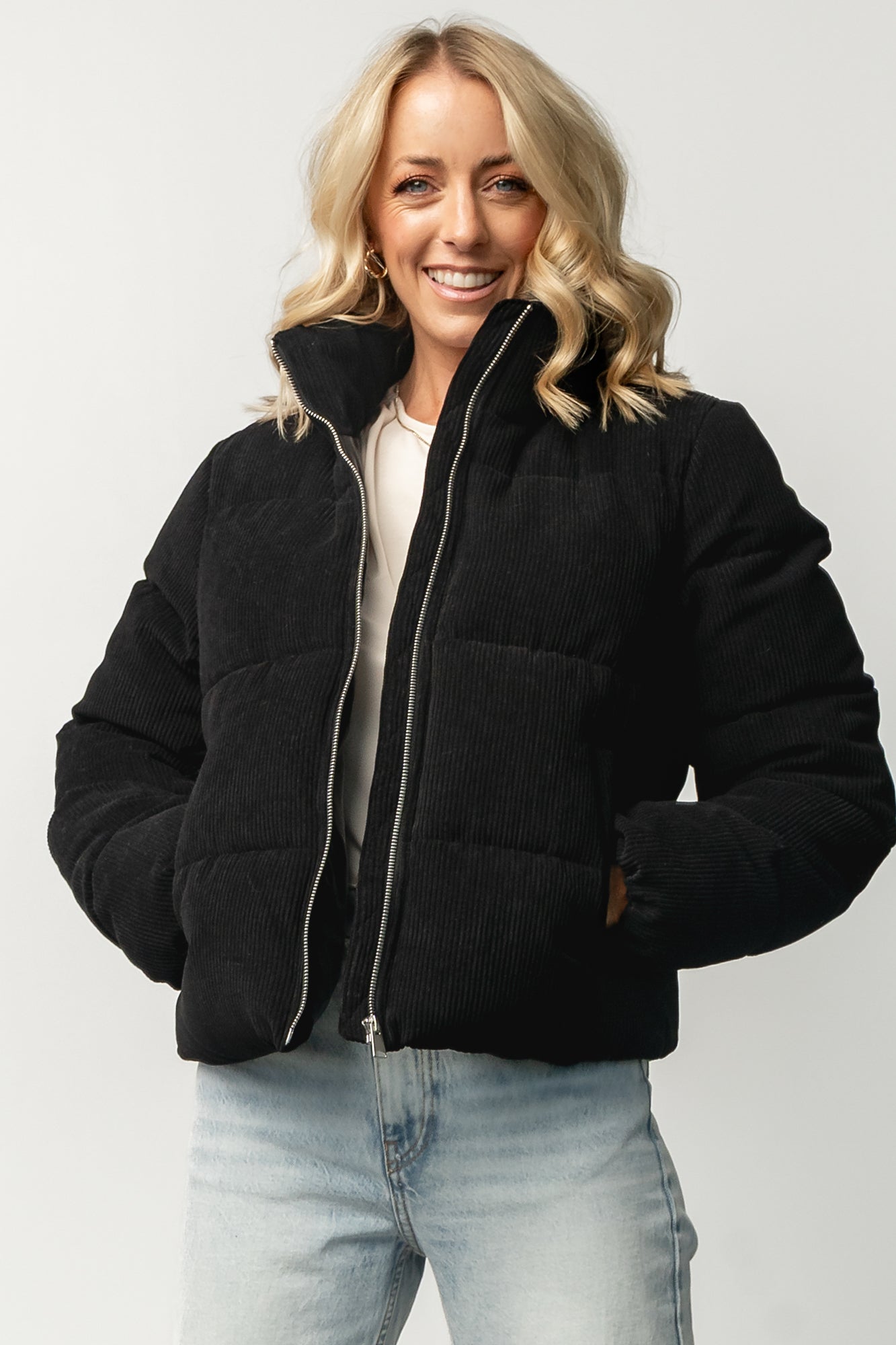 Black Holden Corduroy Puffer Jacket with Silver Zipper & Drawstring Waist